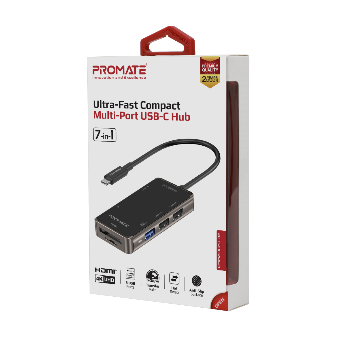 Concentrador USB-C en caja con múltiples puertos. La caja incluye la marca 'Promate'.