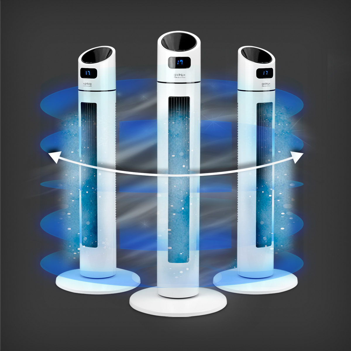 Tres ventiladores de torre blancos con efecto de flujo de aire azul. Pantalla digital arriba. Fondo oscuro.