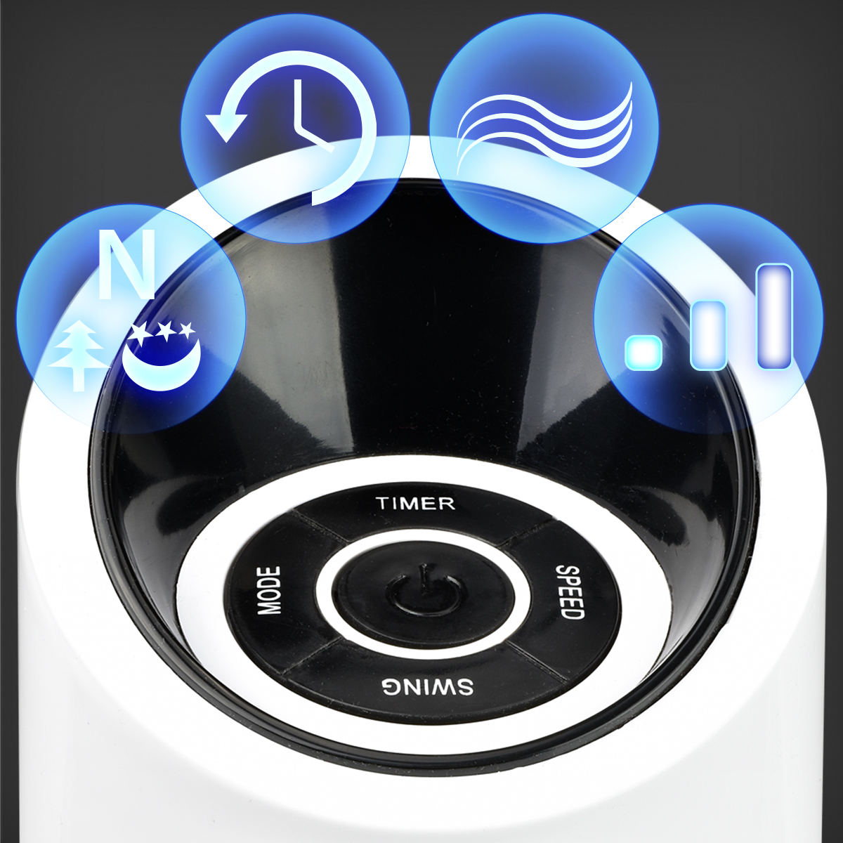 Primer plano de un panel de control del ventilador con iconos para modo, temporizador, velocidad.
