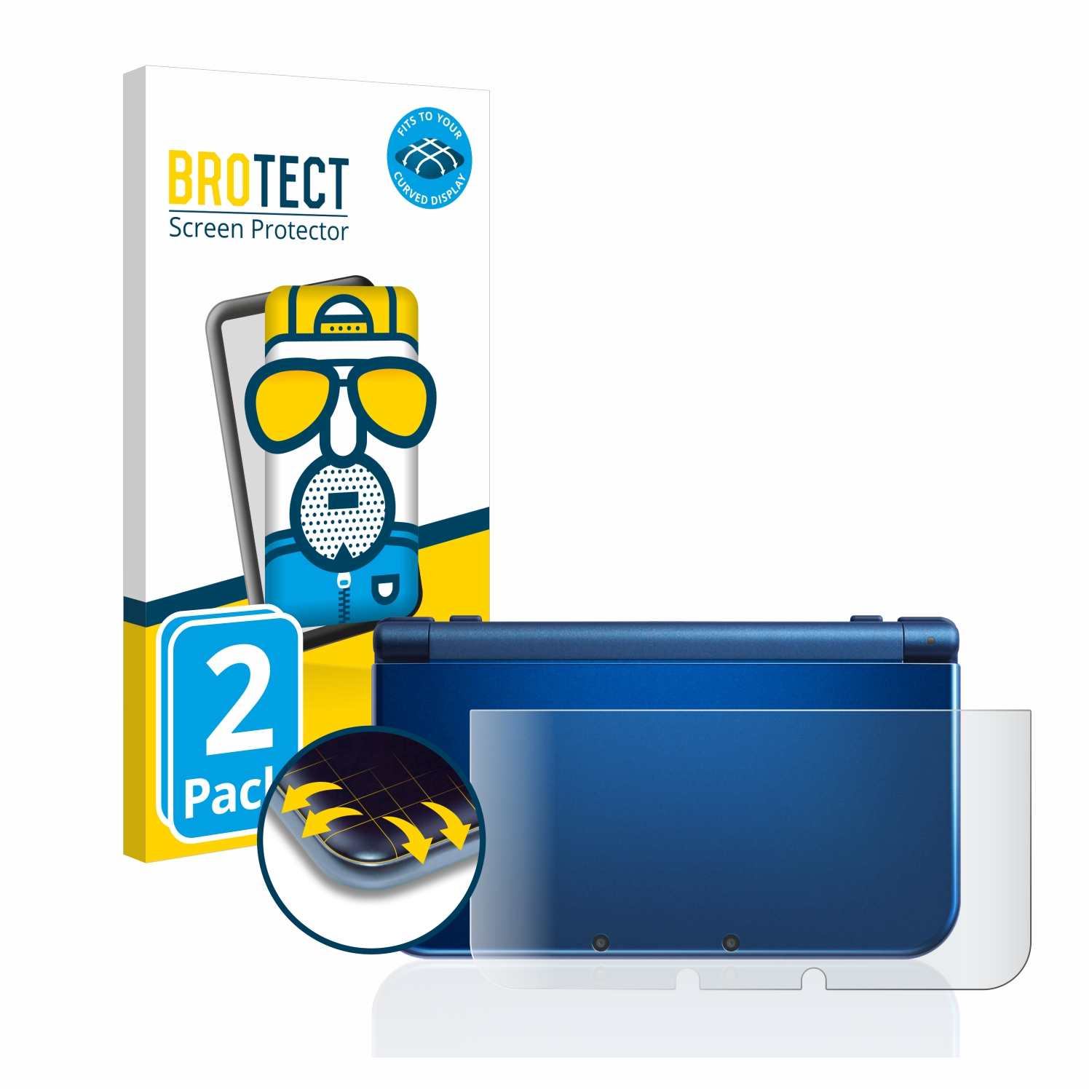 Ein blaues Nintendo 3DS mit Displayschutzfolie und Displayschutzfolienbox.