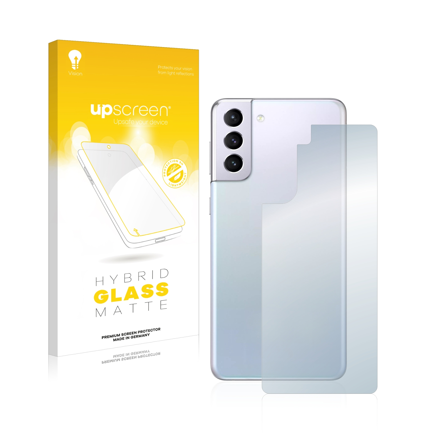 Verpackung für Displayschutzfolie neben einem Smartphone. Die Verpackung ist gelb mit Text und einer Abbildung.