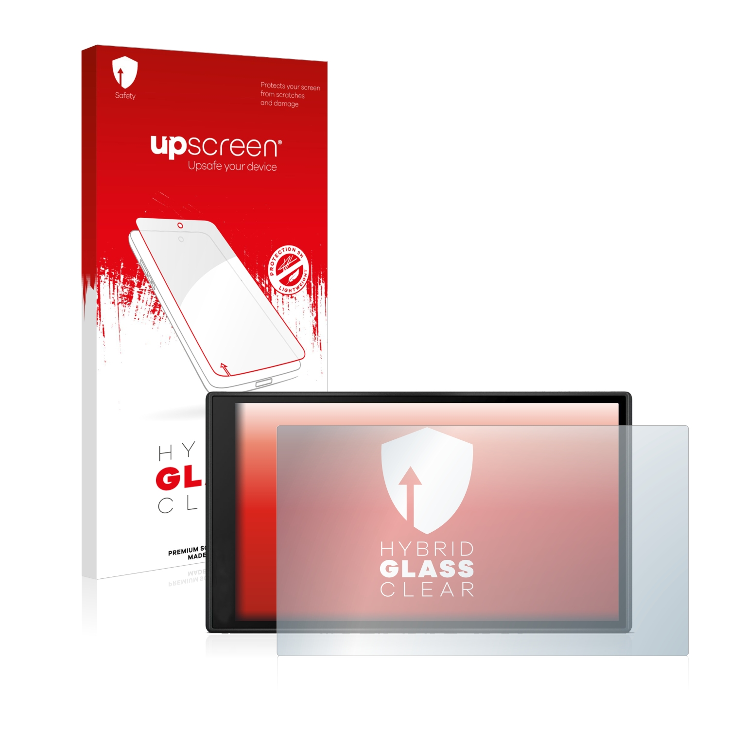 Ein Displayschutz-Set mit einer Box und einem Tablet, Displayschutz angebracht, isoliert.