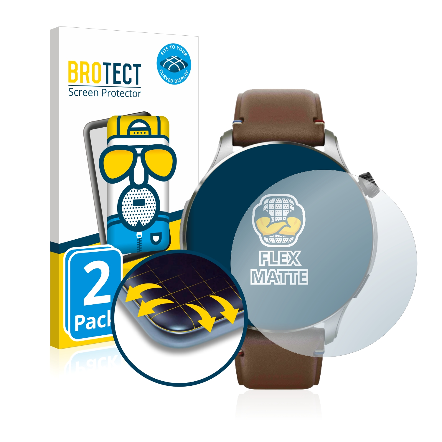 Eine Smartwatch mit Displayschutz und eine Schachtel mit Cartoonfigur auf weißem Untergrund.