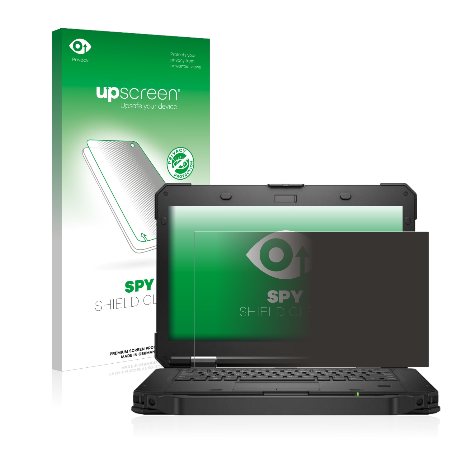 Laptop mit Sichtschutzfolie und Box. Der Bildschirm hat einen grünen Farbton.