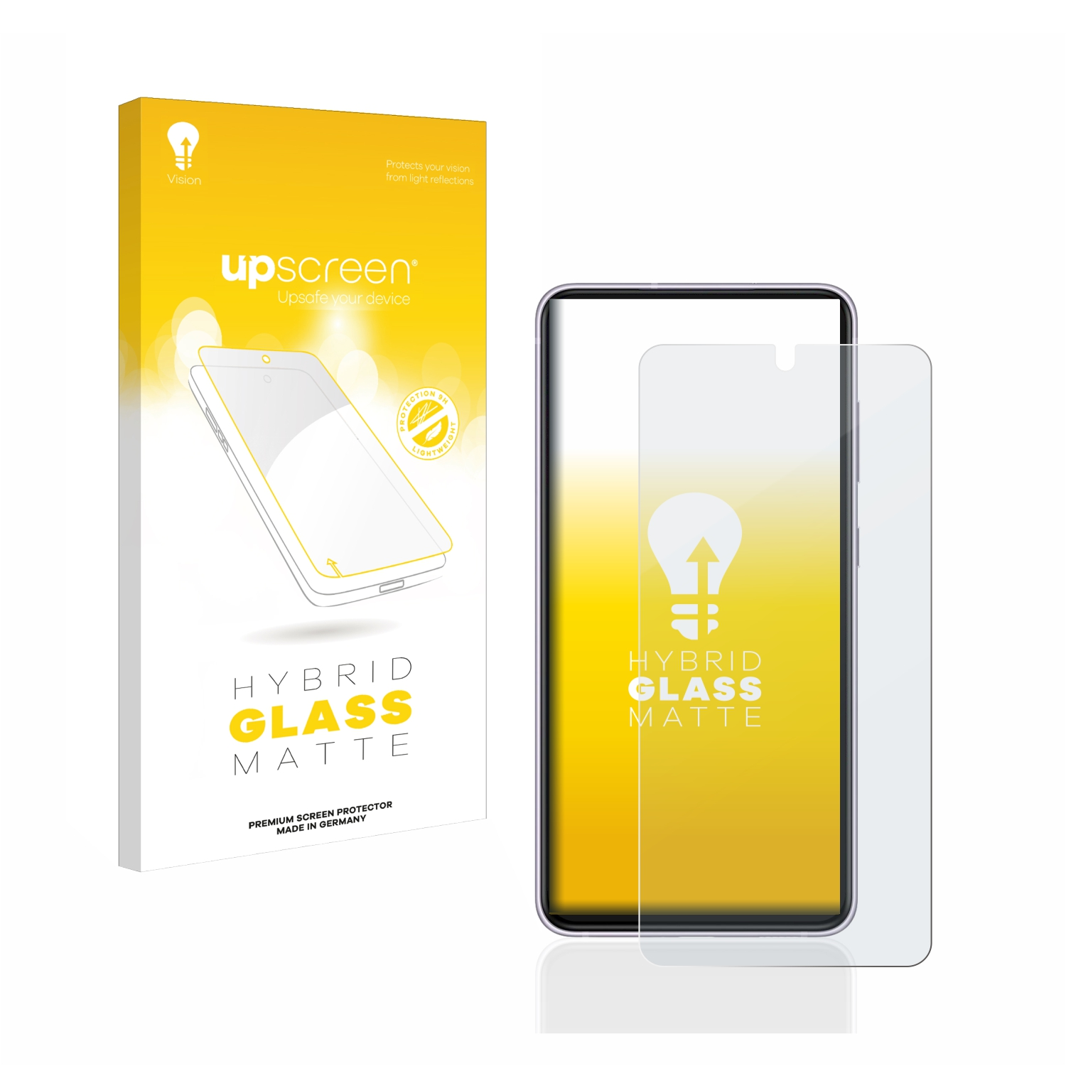 Ein Telefon mit Displayschutz und einer Box. Auf der Box steht: Hybridglas matt.