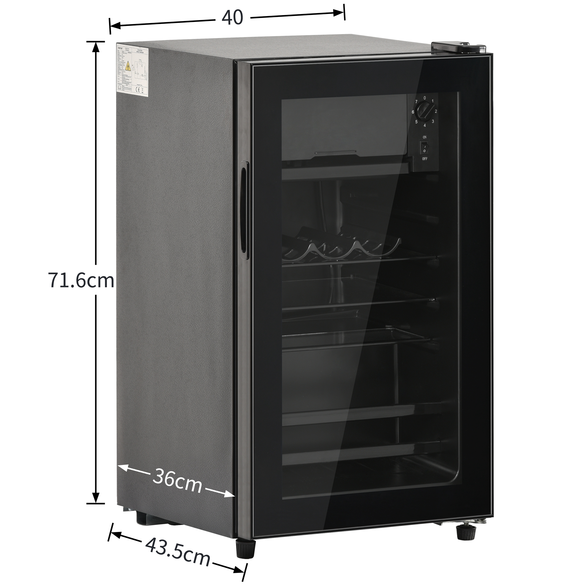 Schwarzer Weinkühlschrank mit Abmessungen, Glastür und Innenregalen. Maße sind angegeben.