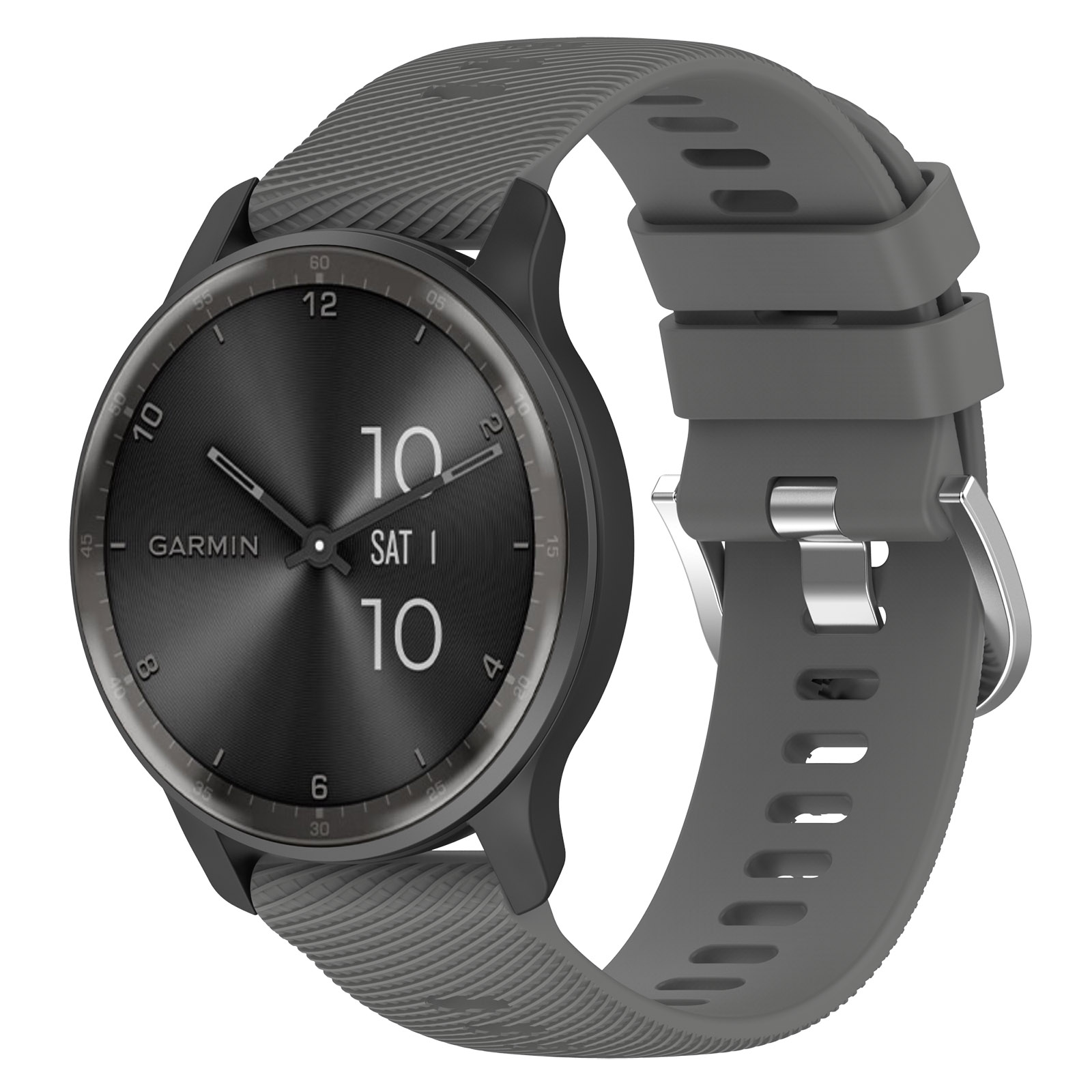 Smartwatch Garmin z szarym paskiem, pokazujący godzinę i datę.