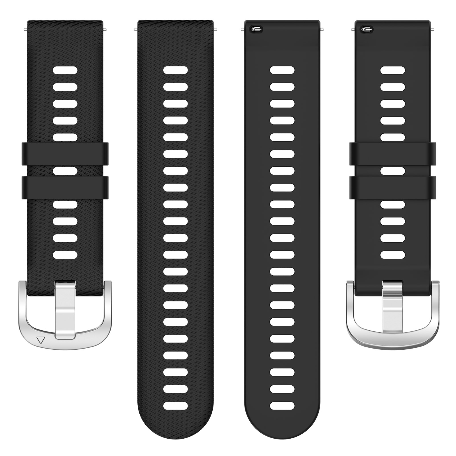 Quatre bracelets de montre noirs avec boucles argentées. Chaque bracelet a un design et une texture différents.