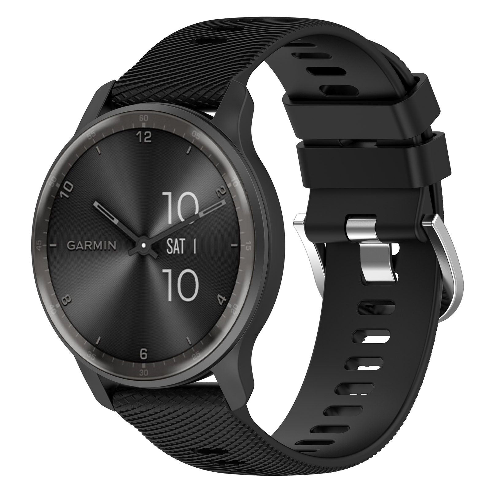 Montre Garmin noire avec bracelet noir. Le cadran affiche la date et l'heure.