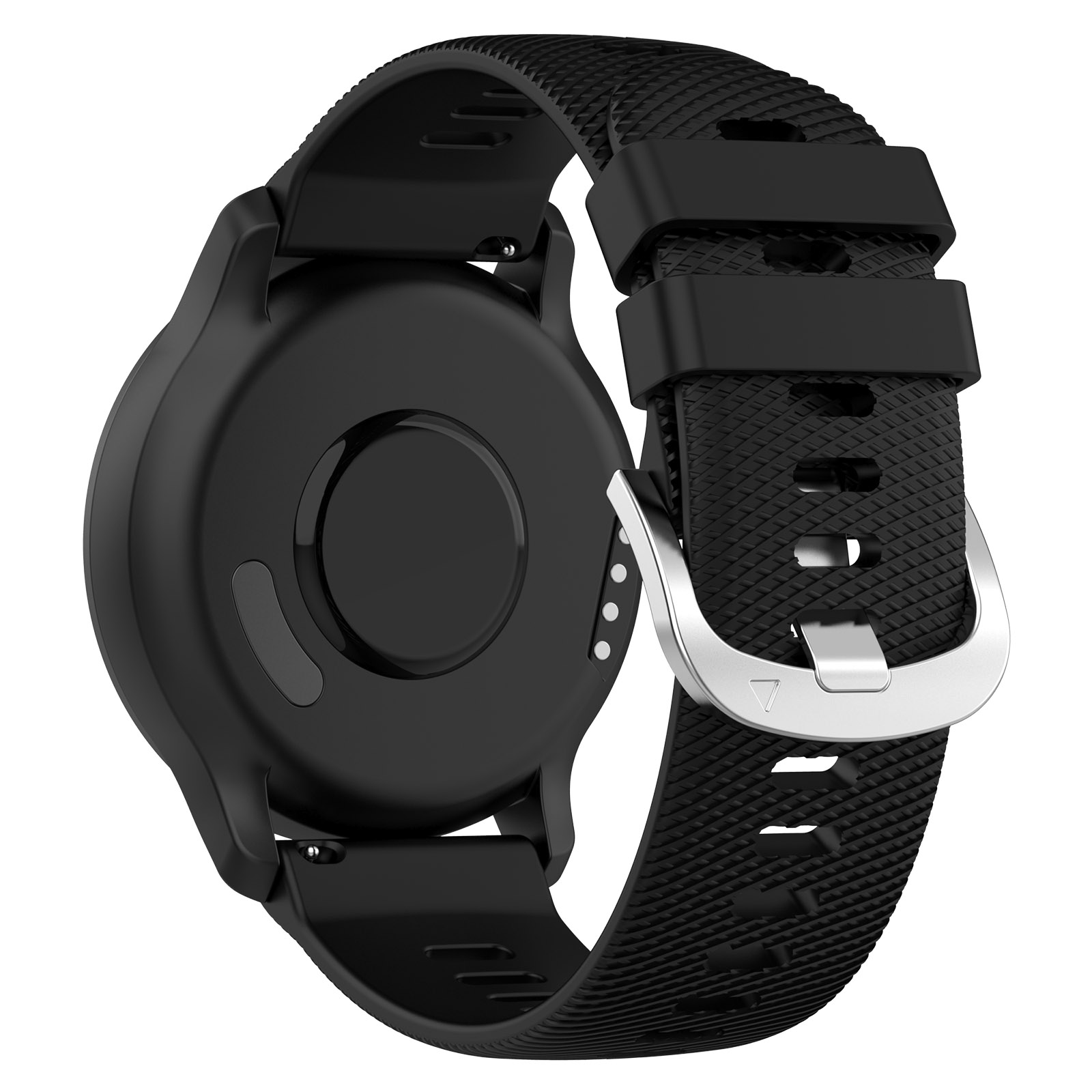 Dos de montre intelligente noir avec bracelet, capteurs et fermoir métallique.