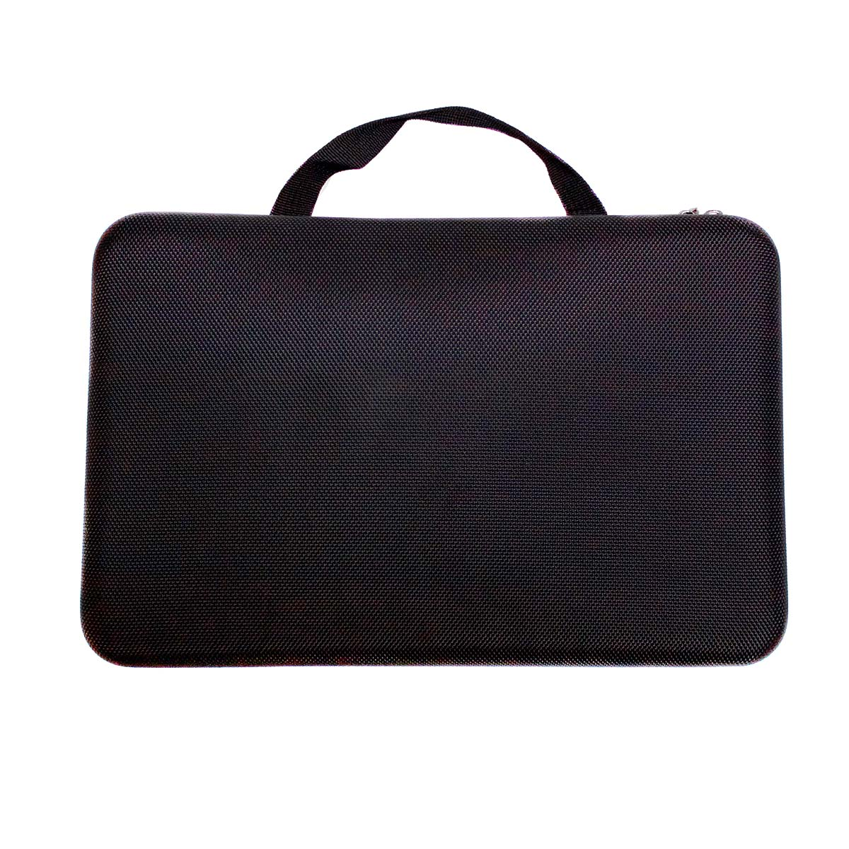 Eine schwarze, rechteckige Laptoptasche mit Griff. Sie ist geschlossen und hat eine strukturierte Oberfläche.