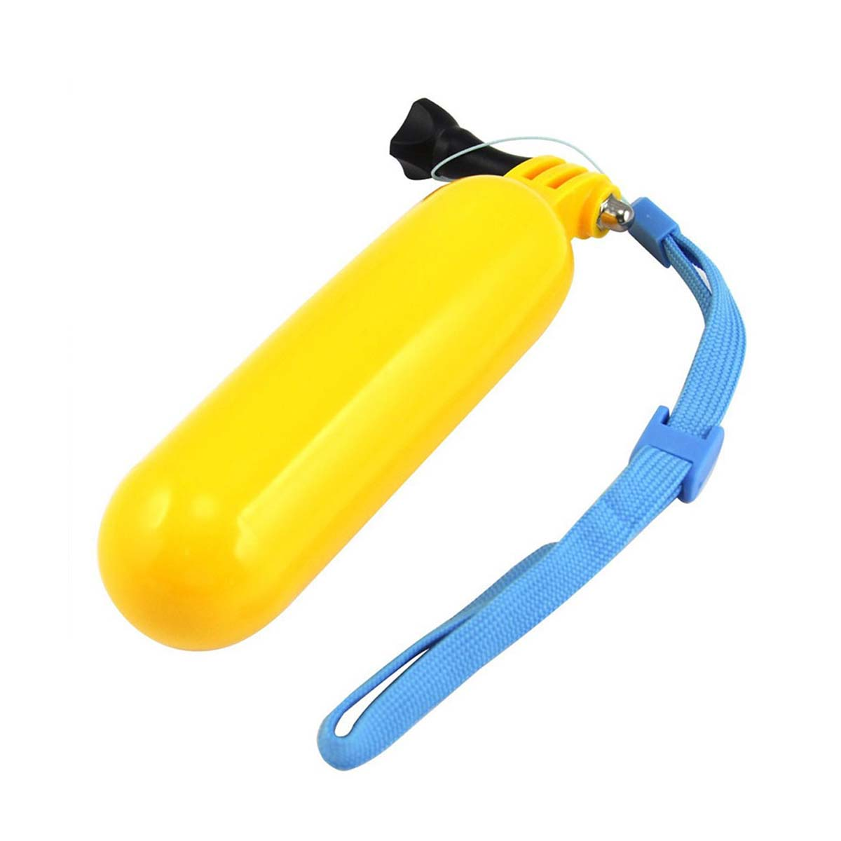 Gelbes Schwimmgerät mit blauem Riemen und schwarzem Kabel vor weißem Hintergrund.