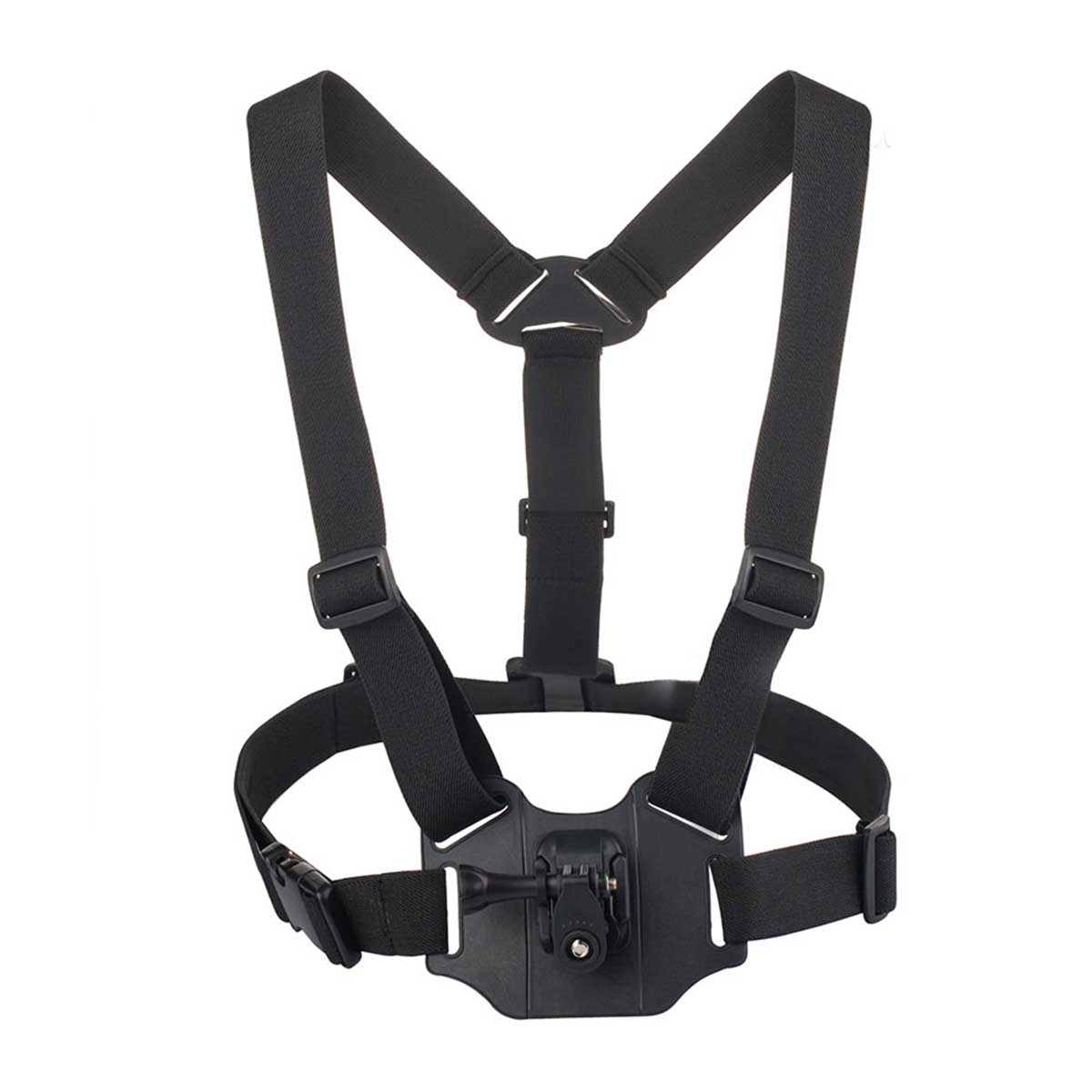 Schwarze Brusthalterung für eine Kamera, mit verstellbaren Gurten und einer Montageplatte für eine Kamera. Einfaches Design.