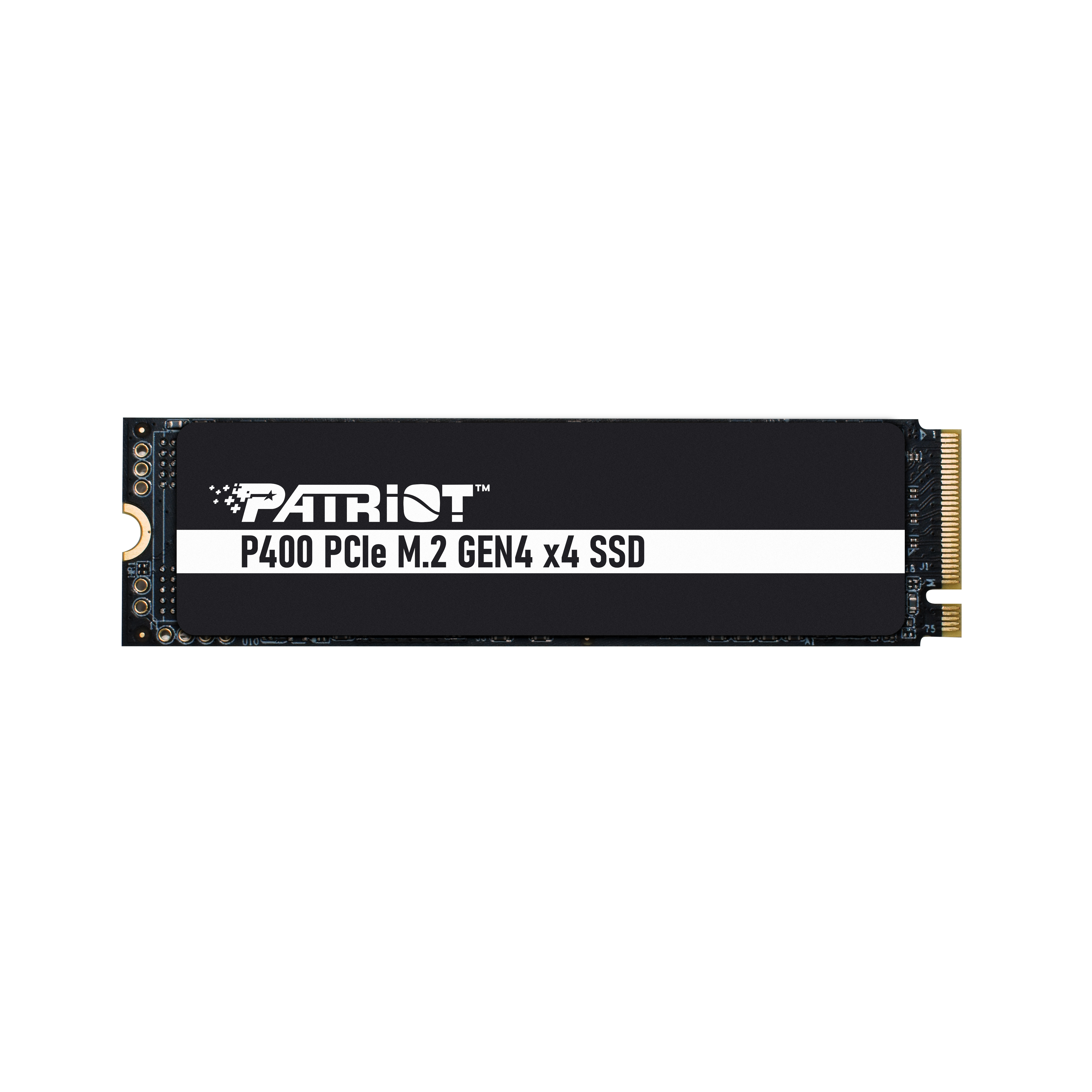 Un SSD Patriot P400 PCIe M.2 Gen4 x4 nero su sfondo bianco.