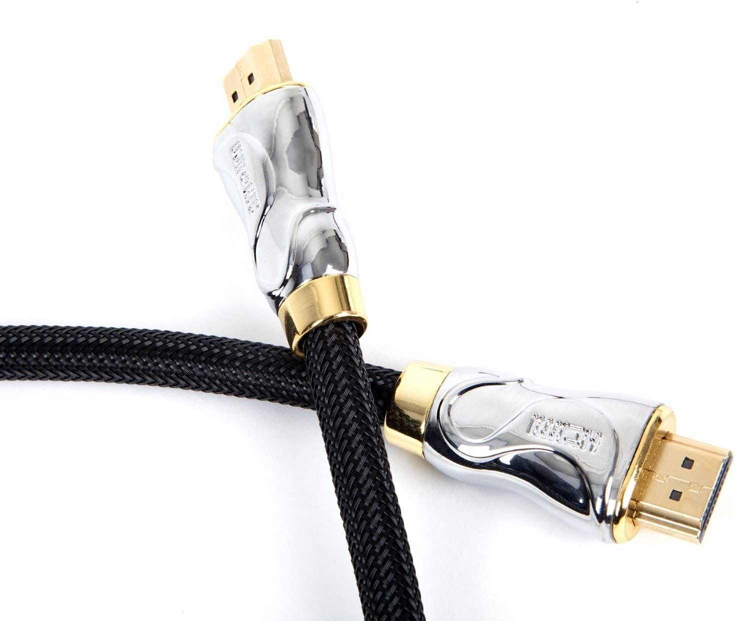 Zwei hochwertige HDMI-Kabel mit vergoldeten Steckern und einem schwarzen geflochtenen Kabel.