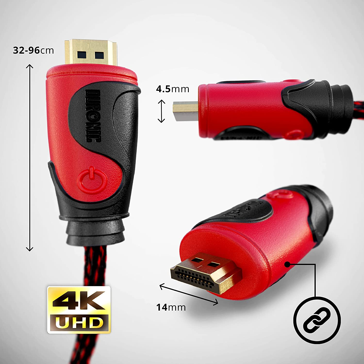Nahaufnahme eines rot-schwarzen HDMI-Kabels mit Abmessungen und Anschlussdetails.