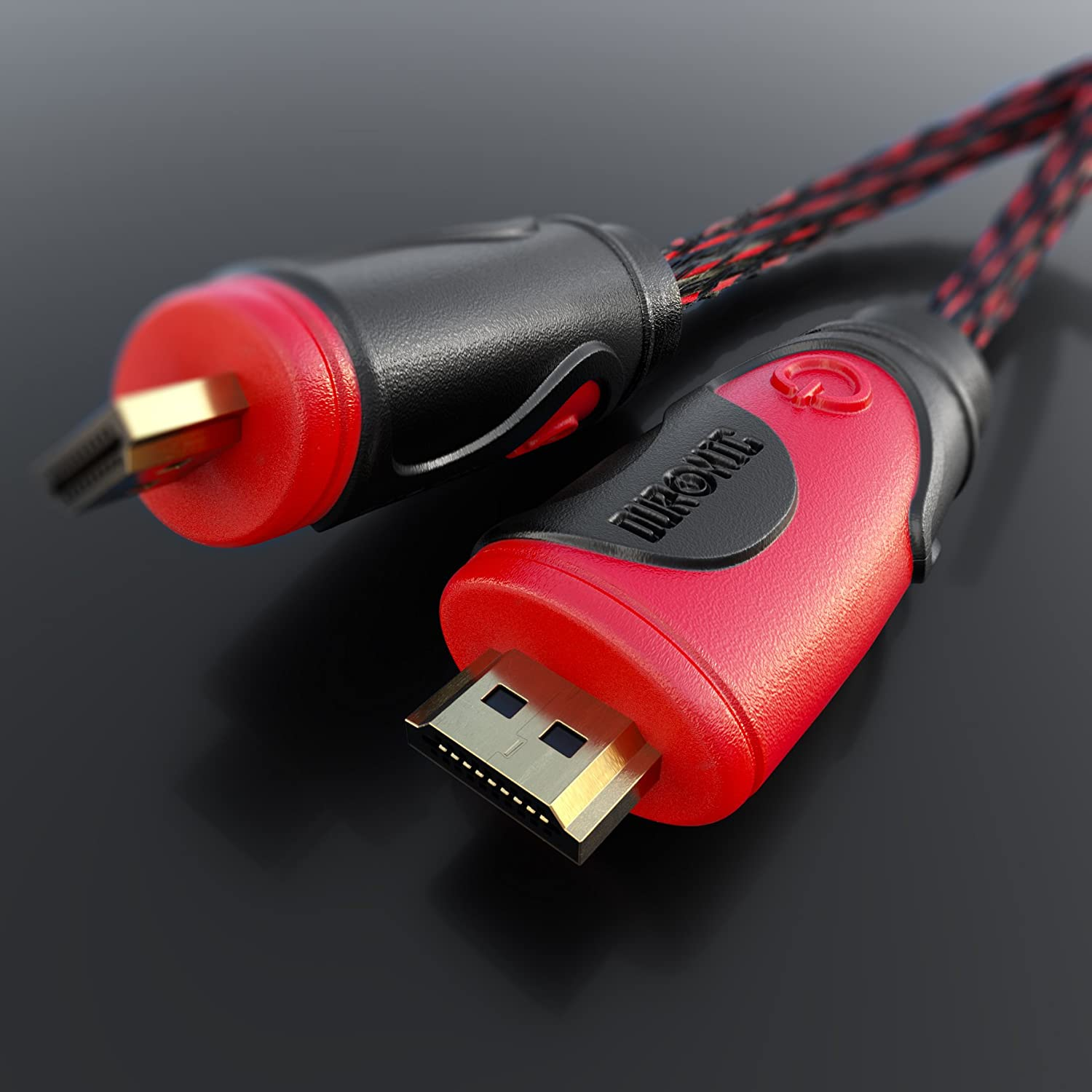 Zwei HDMI-Kabel, rot und schwarz. Ein Ende verbunden, das andere offen.