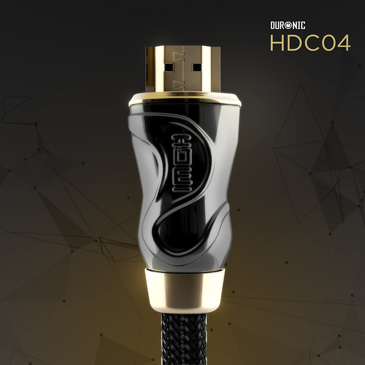 HDMI-Kabelende mit Goldbeschichtung. Schwarzes Kabel mit HDMI-Text auf dem Stecker.