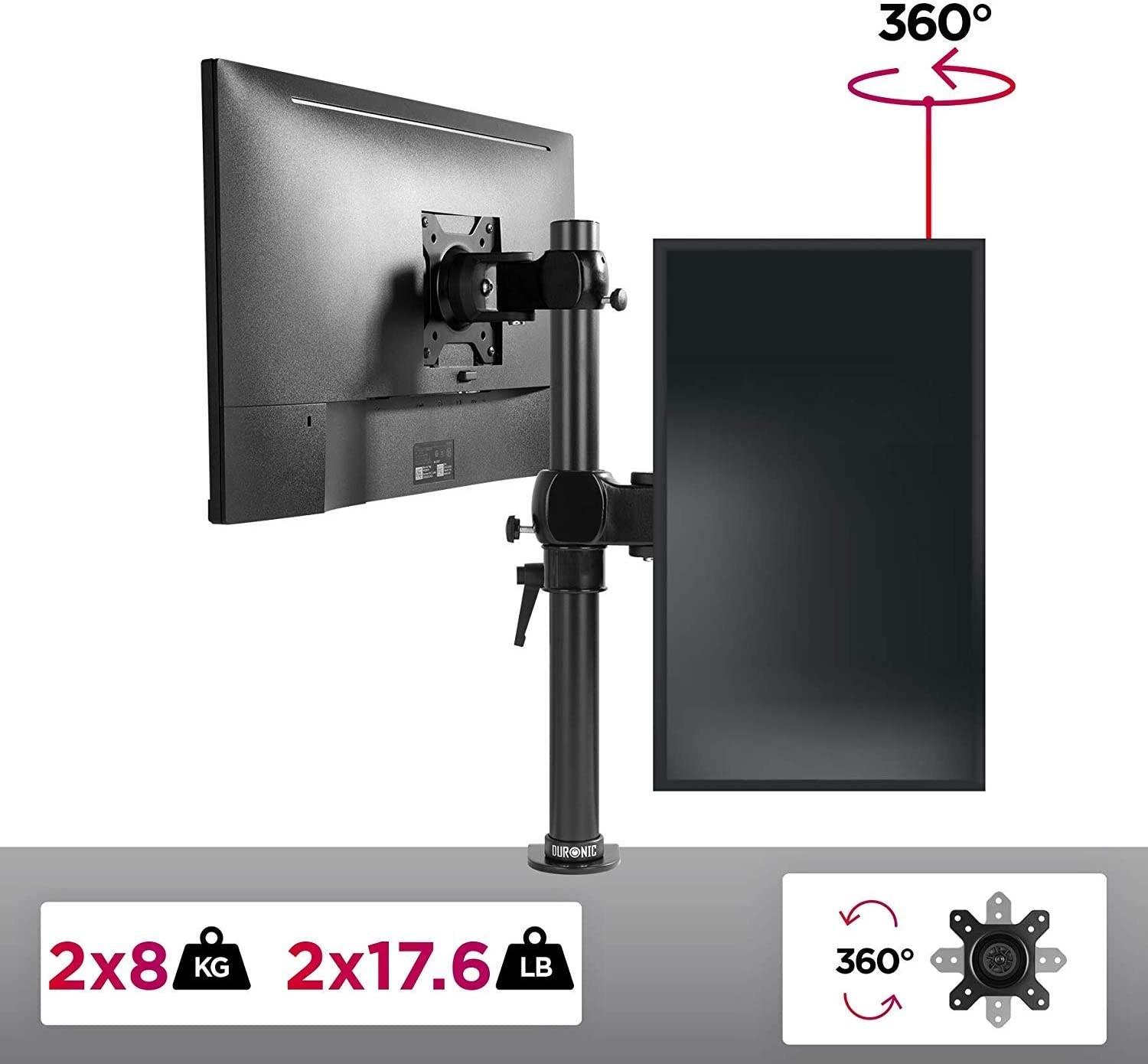 Schwarzer Monitor und Ständer. Gewichte 2x8 kg, 2x17,6 lbs. 360° Drehung. Ein zweiter Monitor ist sichtbar.