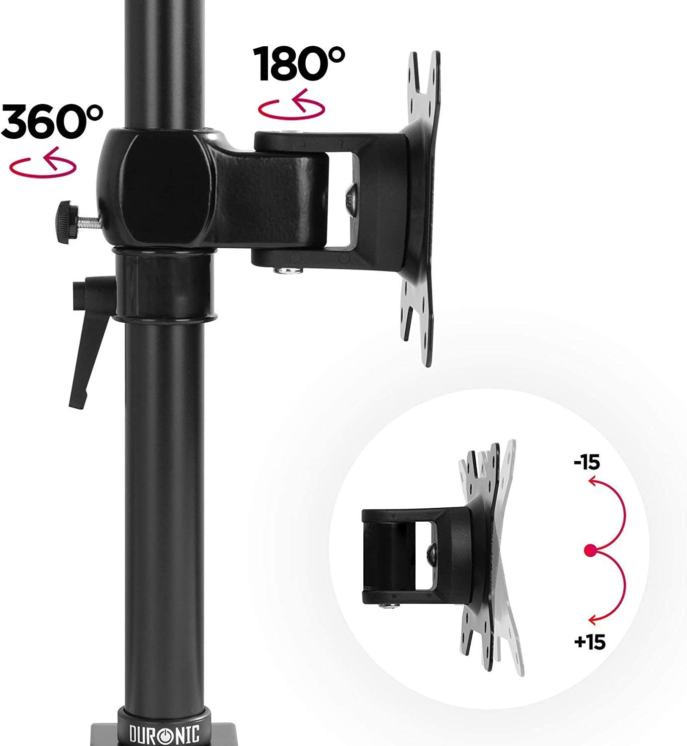 Schwarze Monitorhalterung mit Pfeilen, die Drehwinkel von 360, 180 und -15 bis +15 Grad zeigen.