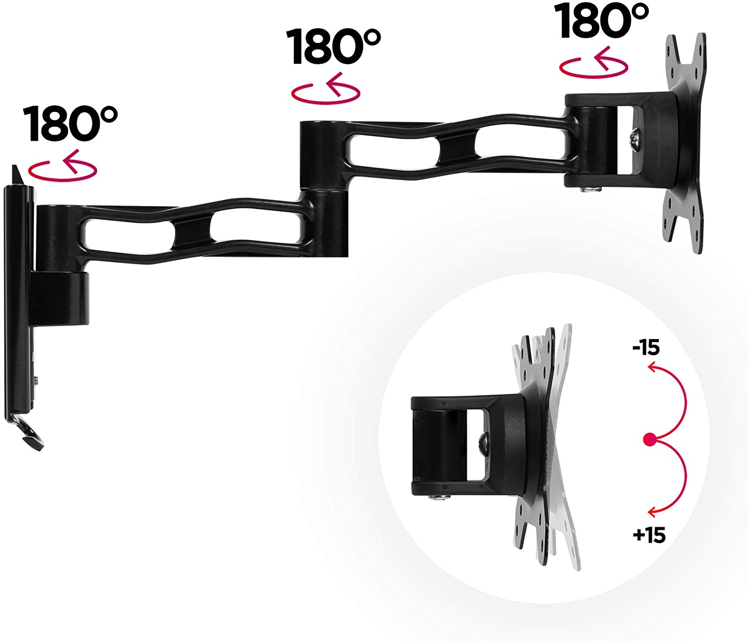Eine schwarze TV-Wandhalterung mit Pfeilen, die die Drehung anzeigen. Die Halterung wird in verschiedenen Winkeln gezeigt.