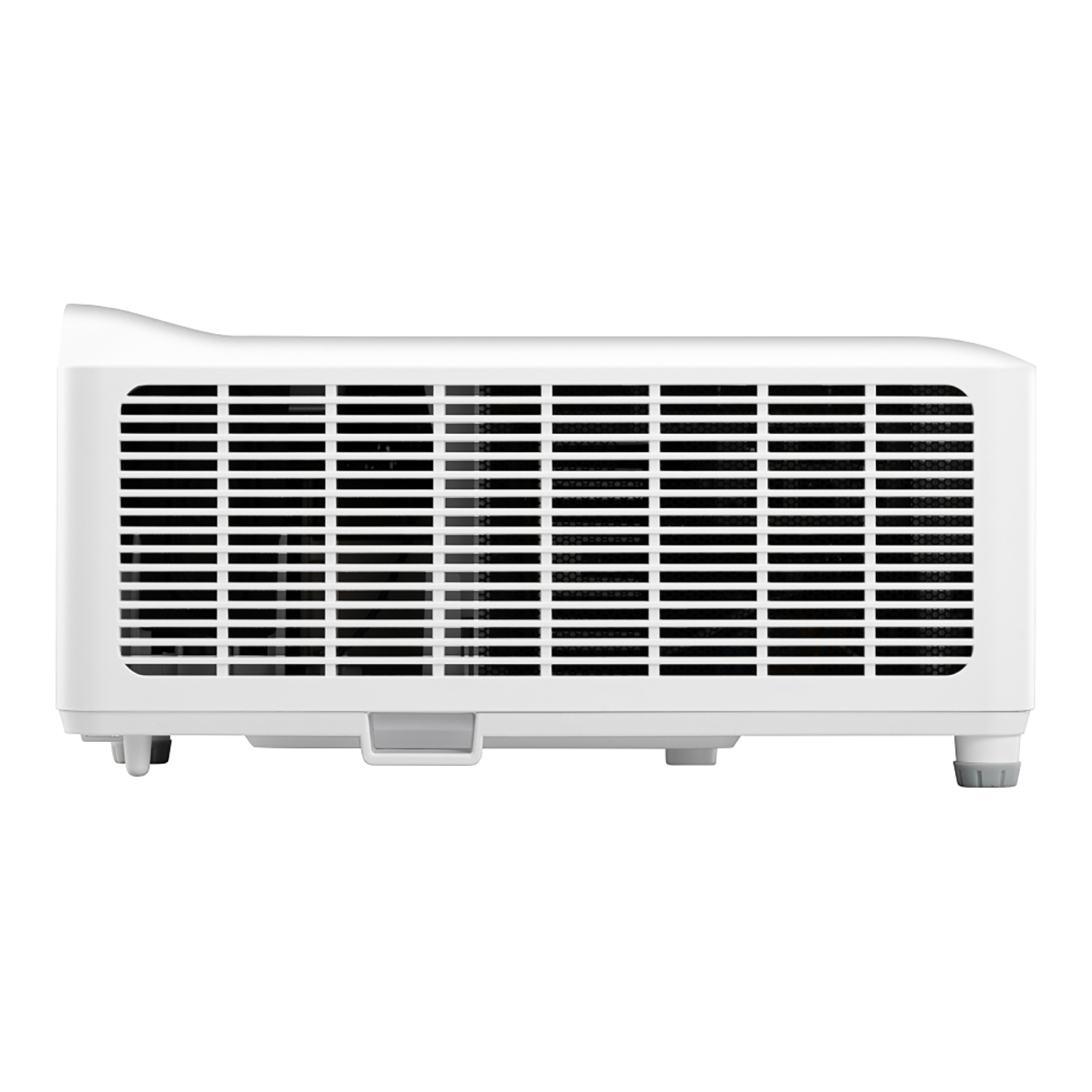 Un proyector blanco, vista lateral, con ranuras de ventilación y patas.