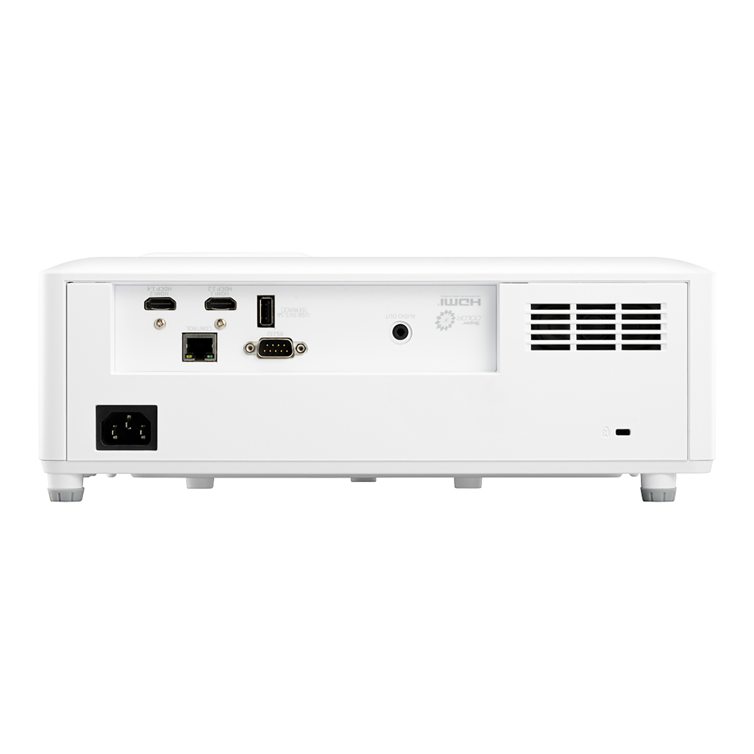 Parte trasera de proyector blanco con puertos y conectores. Tiene un ventilador y una entrada de alimentación.