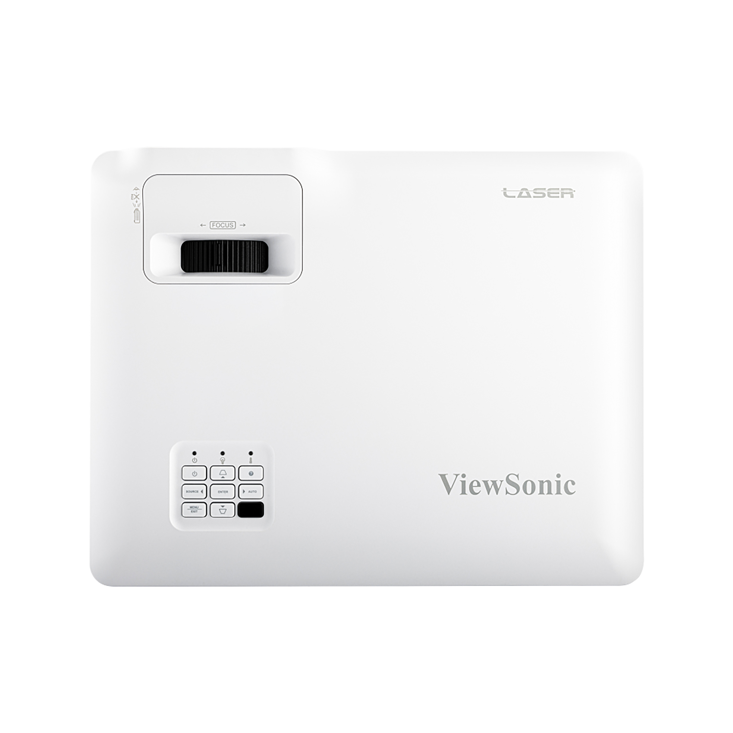 Proyector blanco con botón de enfoque y botones de control. ViewSonic escrito.