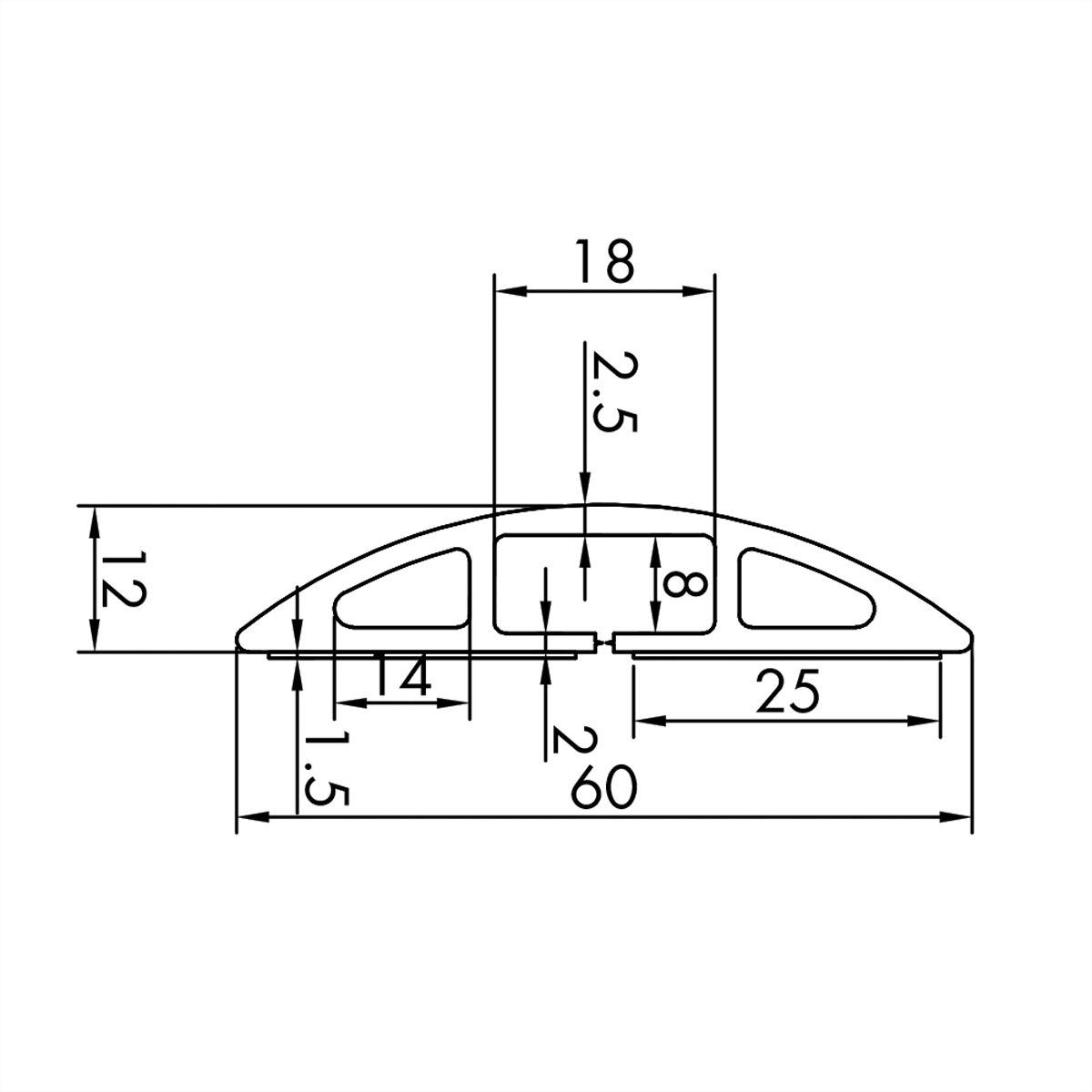 Dwarsdoorsnede diagram met een vloerovergangsprofiel met metingen in millimeters.