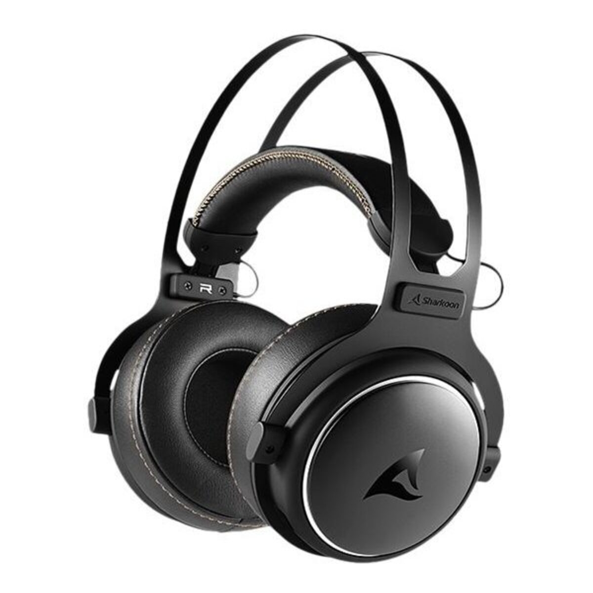 Czarne słuchawki z logo Sharkoon. Konstrukcja nauszna, skórzane nauszniki i czarny pałąk.