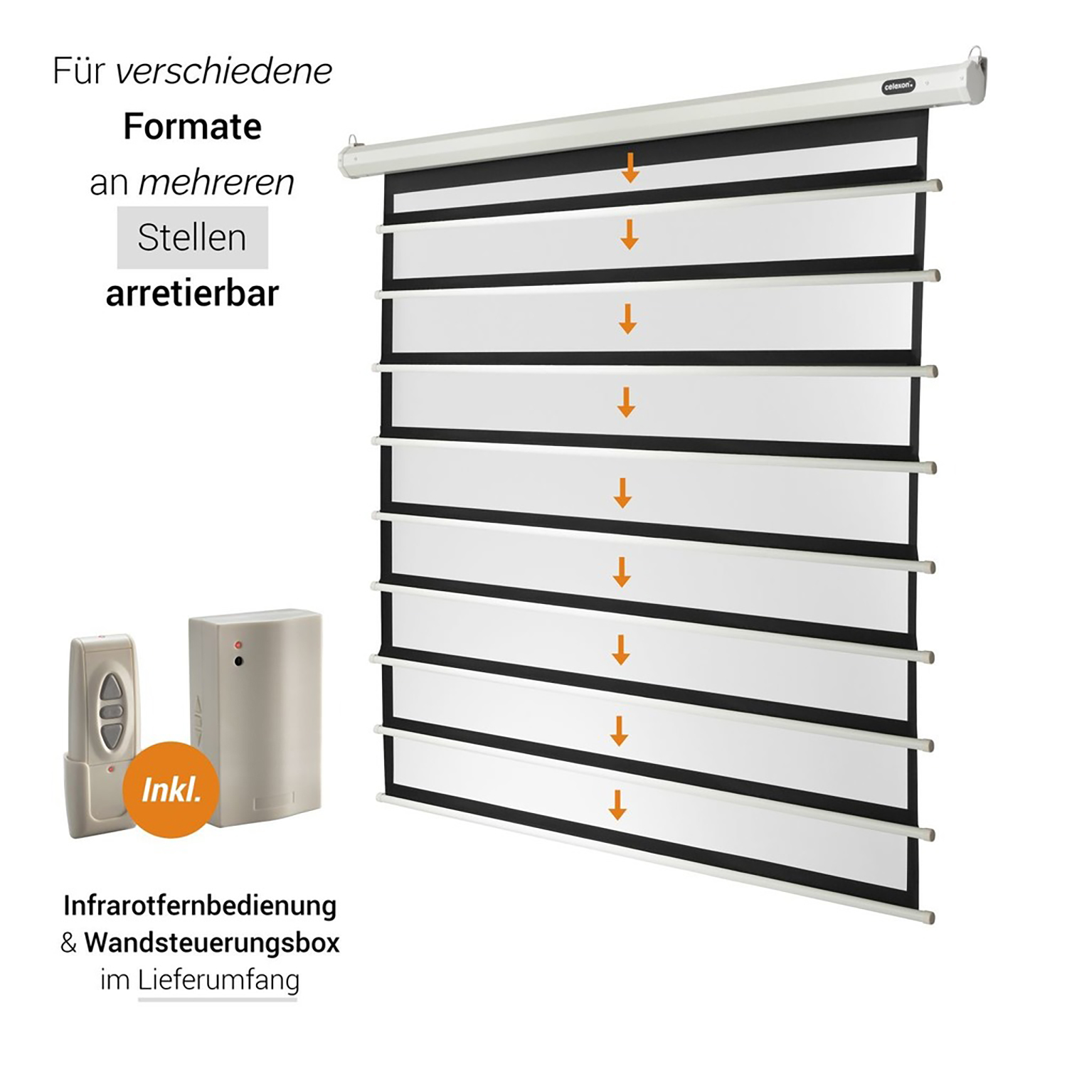 Eine weiße Projektionsleinwand mit schwarzen Rändern. Sie wird mit einer Fernbedienung und einer Box gezeigt.