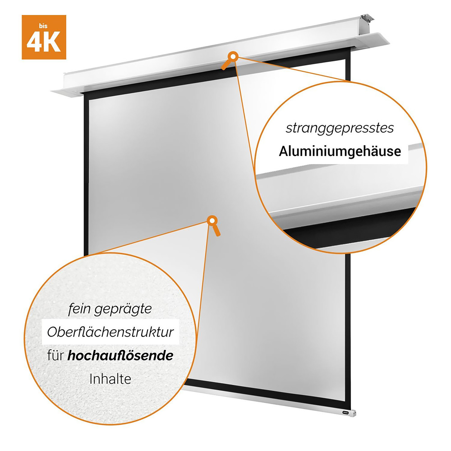 Weisse Projektorleinwand mit detaillierten Nahaufnahmen des Gehäuses.