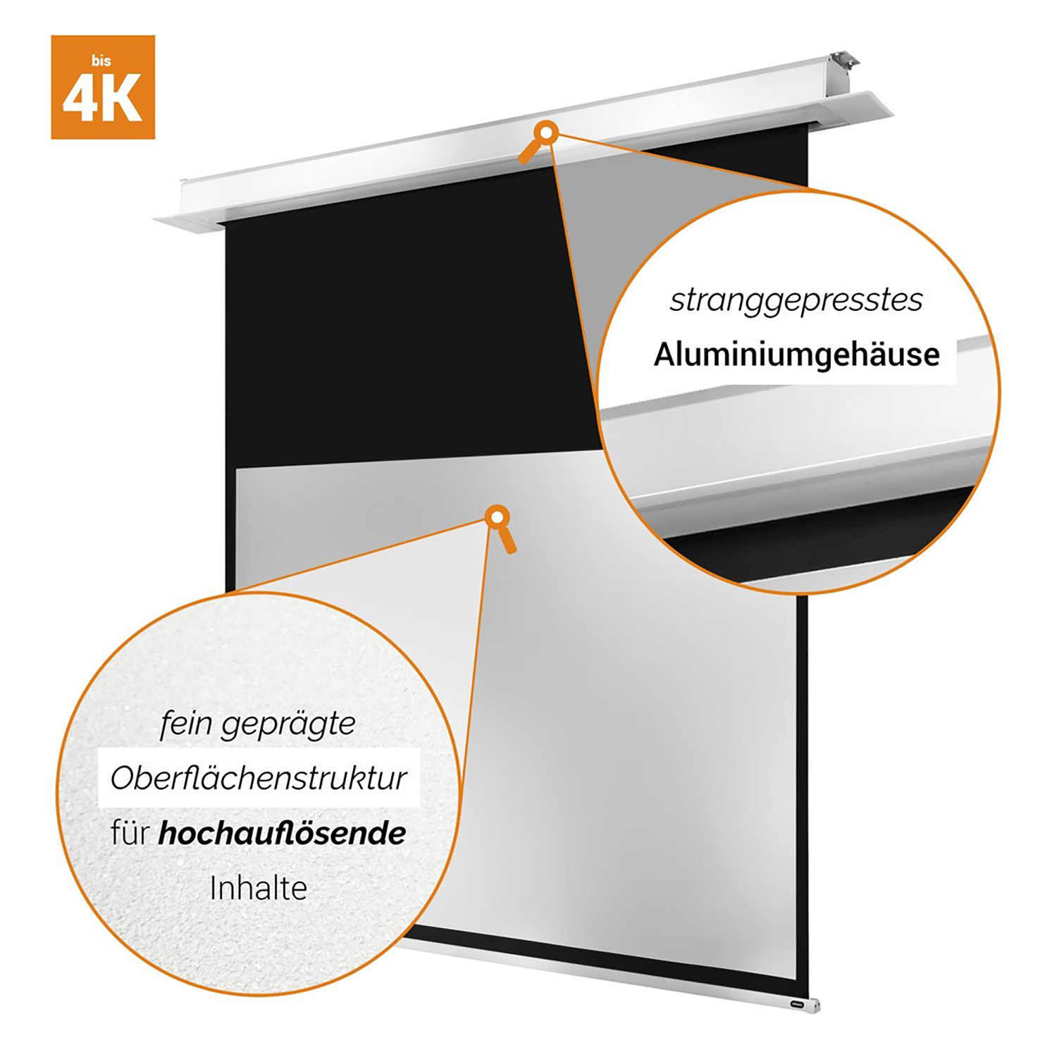 Eine Projektionsleinwand mit Text, die eine Nahaufnahme des Aluminiumgehäuses und der Oberflächenstruktur zeigt.