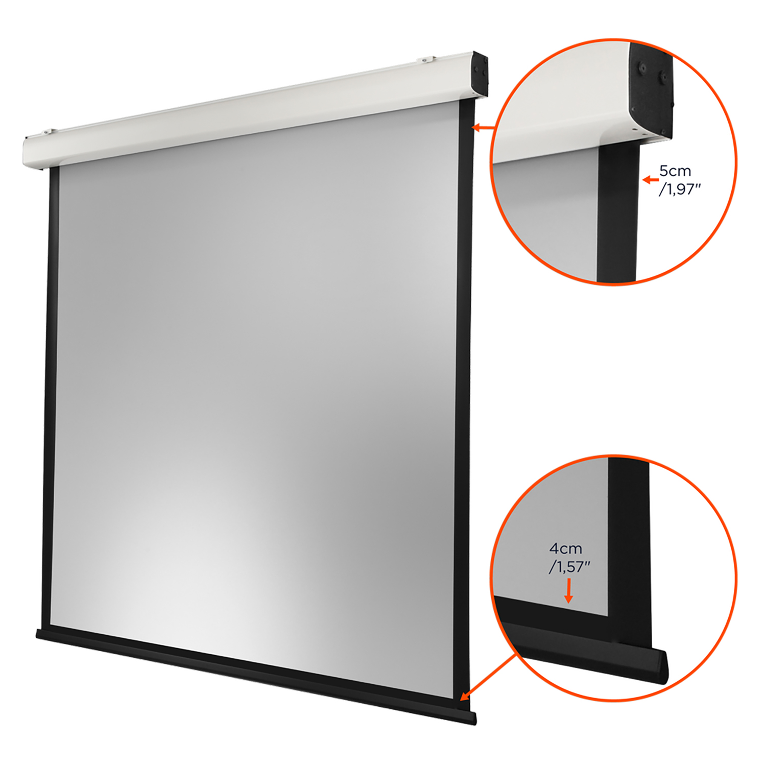 Eine weiße Projektorleinwand mit schwarzen Rändern, mit Maßangaben.