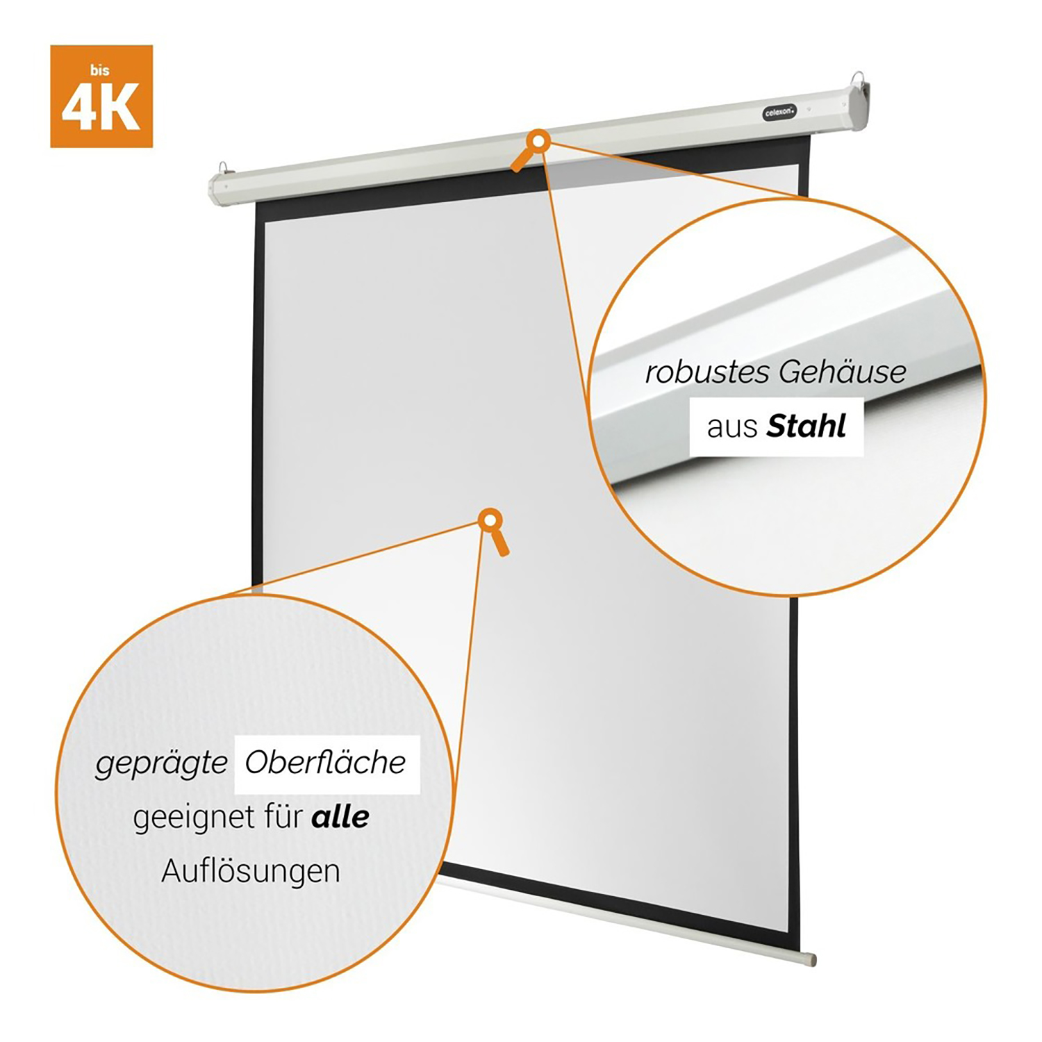 Eine weiße Projektorleinwand mit Text über ihre Eigenschaften, einschließlich eines robusten Stahlgehäuses.