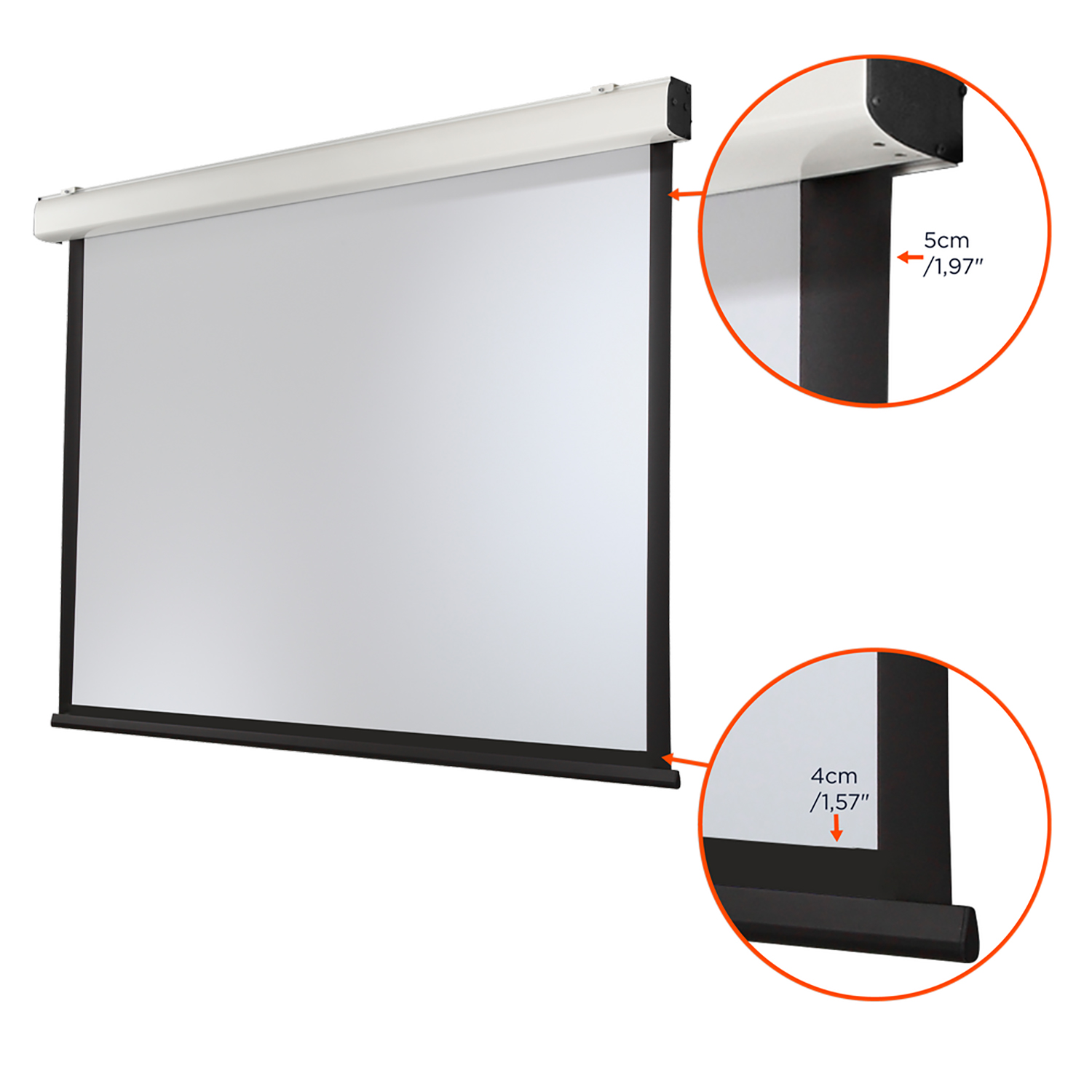 Weisse Projektorleinwand. Messungen sind gezeigt. Schwarzer Rand und Rolle. Weisser Rahmen mit schwarzen Enden.
