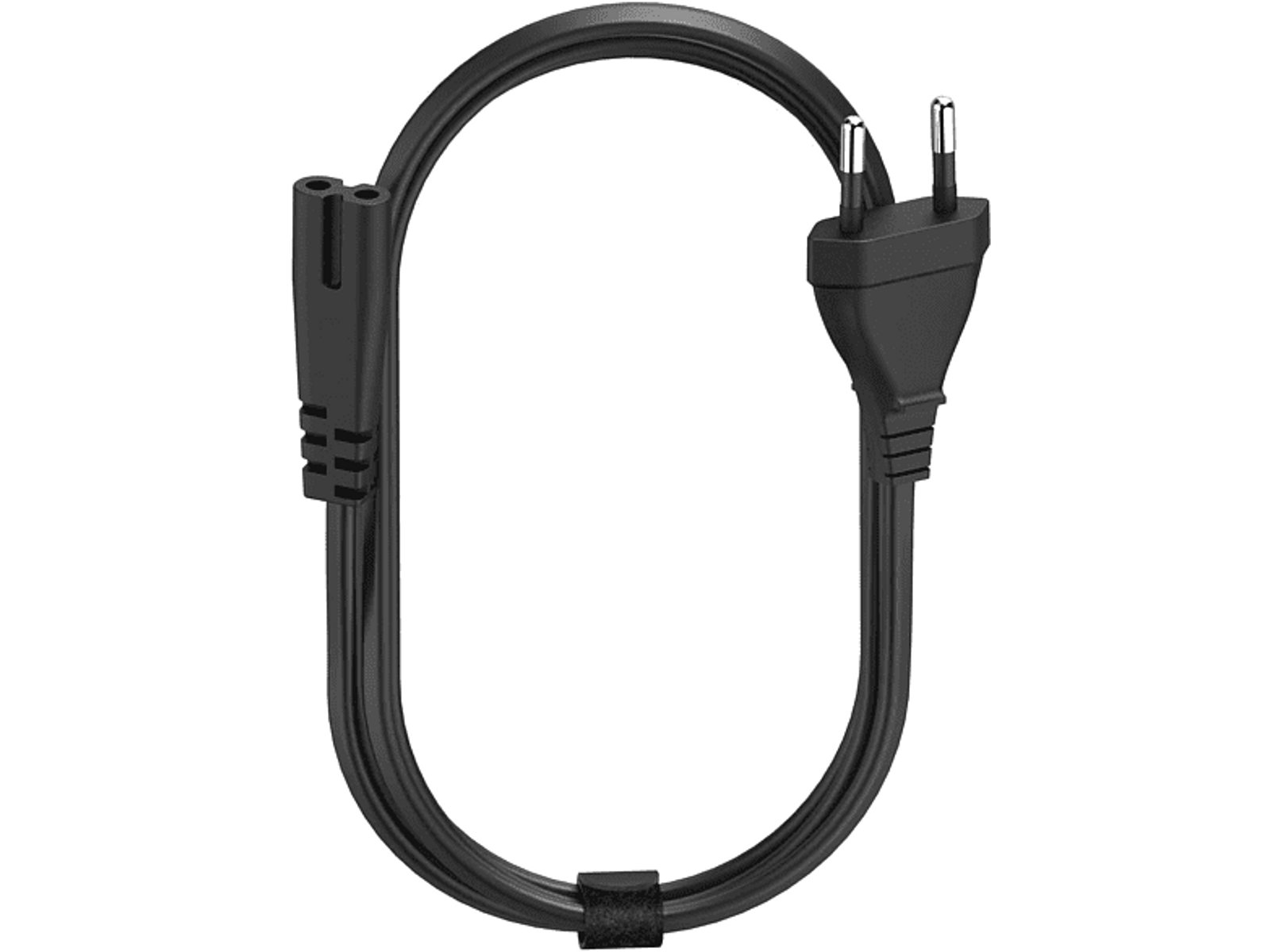 Czarny kabel zasilający, z wtyczką dwubiegunową i złączem, tworzący pętlę, na ciemnym tle.