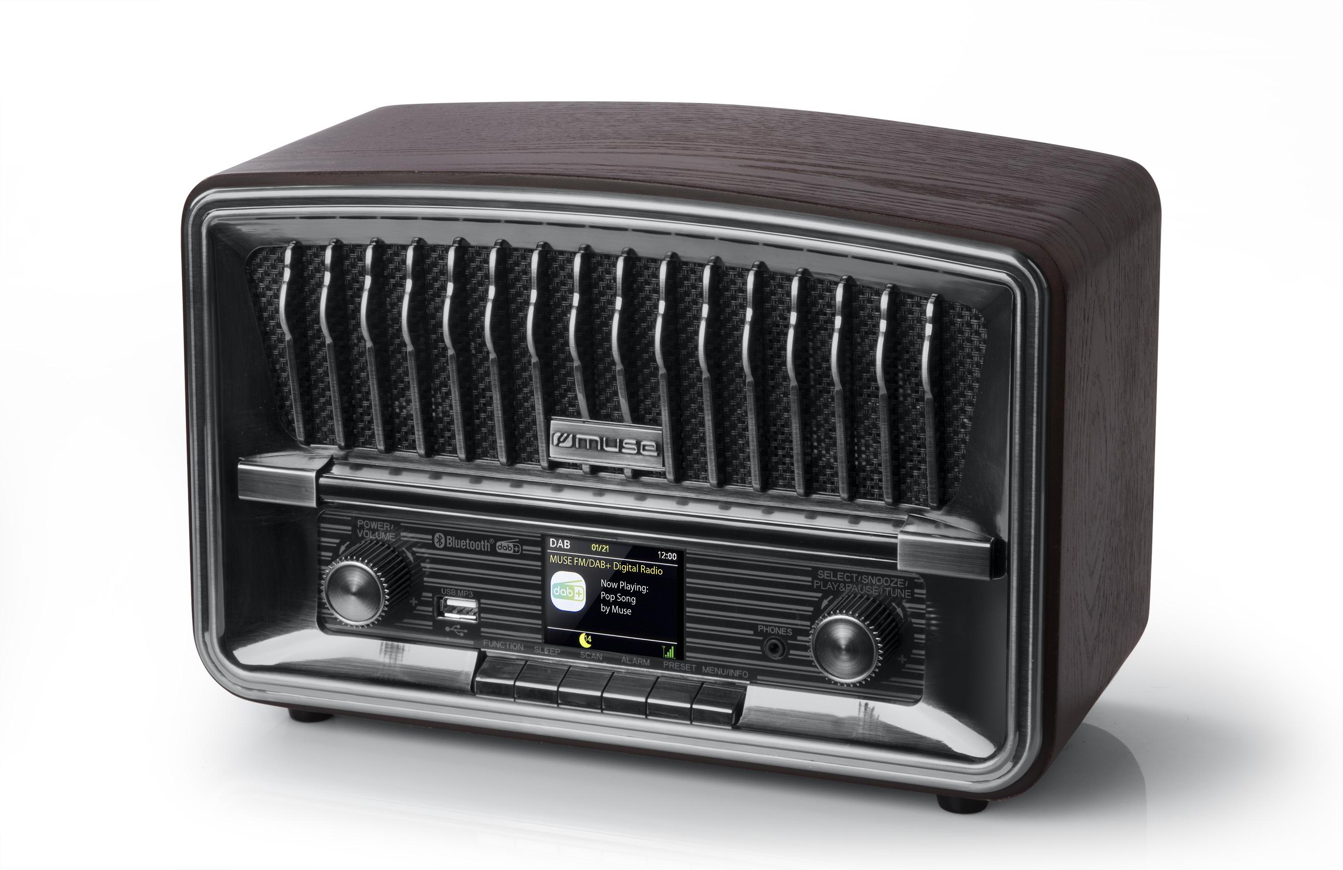 Radio Muse de madera marrón con pantalla, controles y rejilla de altavoz, blanco.