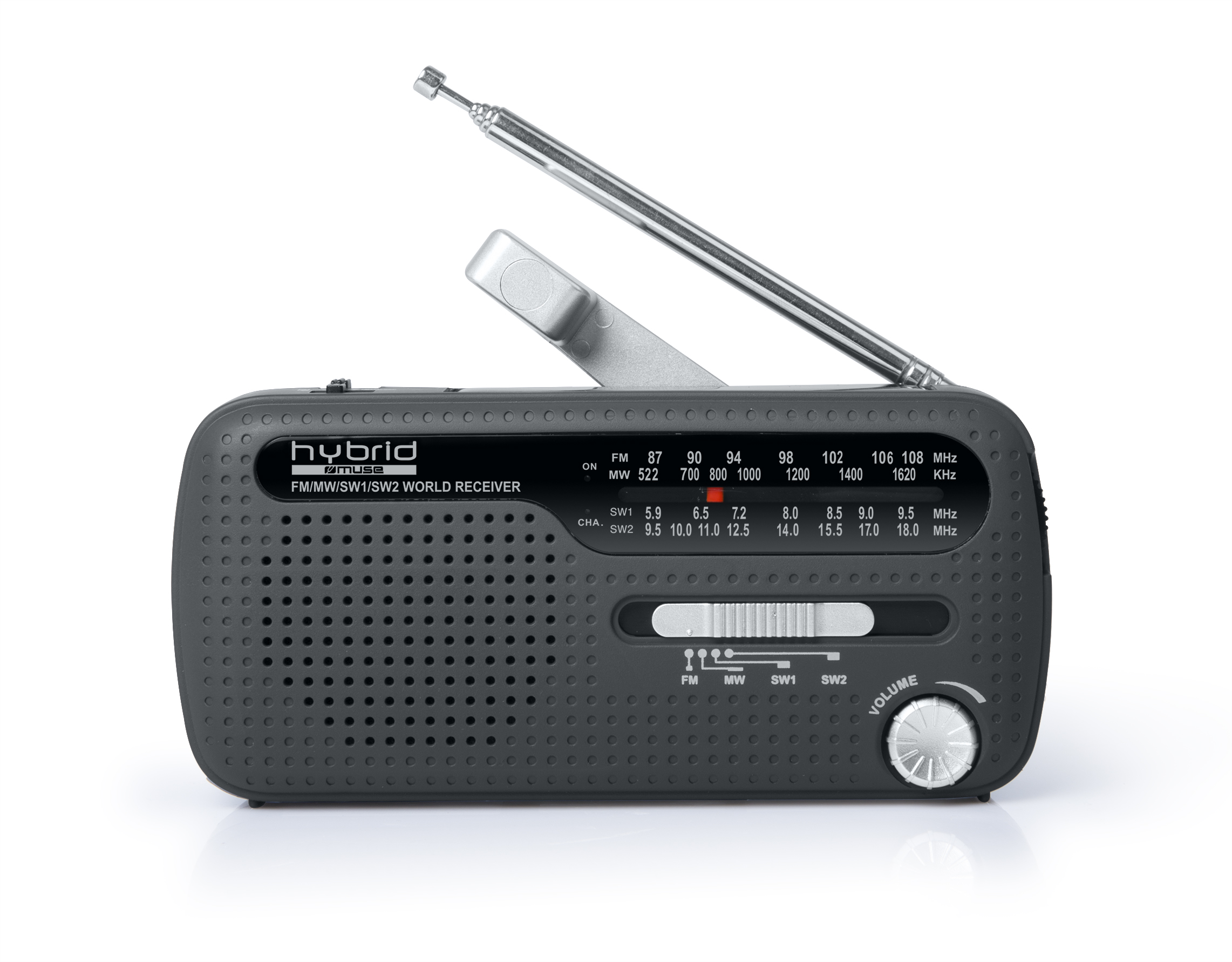 A black radio with a silver antenna is shown on a white background.