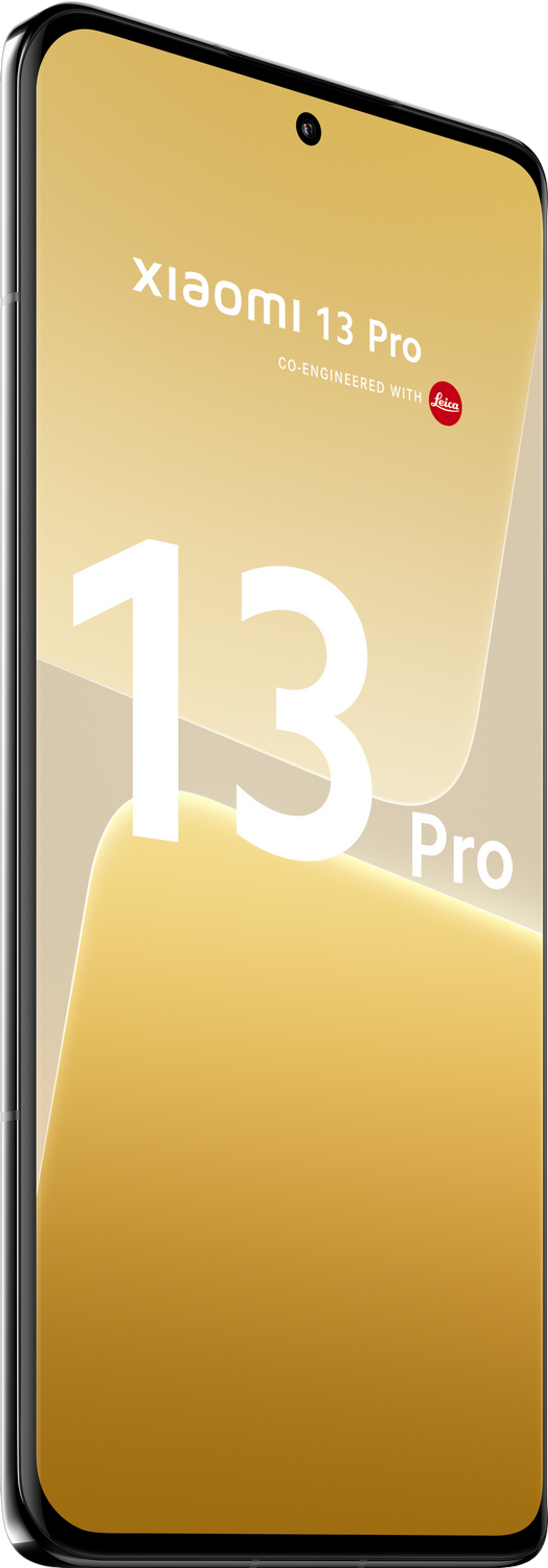 Xiaomi 13 Pro Smartphone in Gold. Weißer Text auf dem Bildschirm.