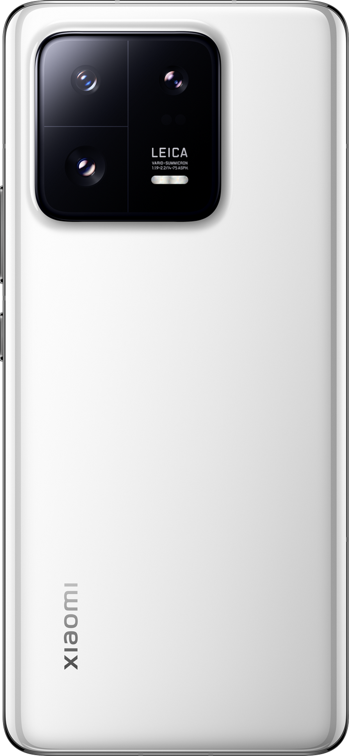Weißes Smartphone mit Dreifach-Kamera auf der Rückseite und Leica-Logo.