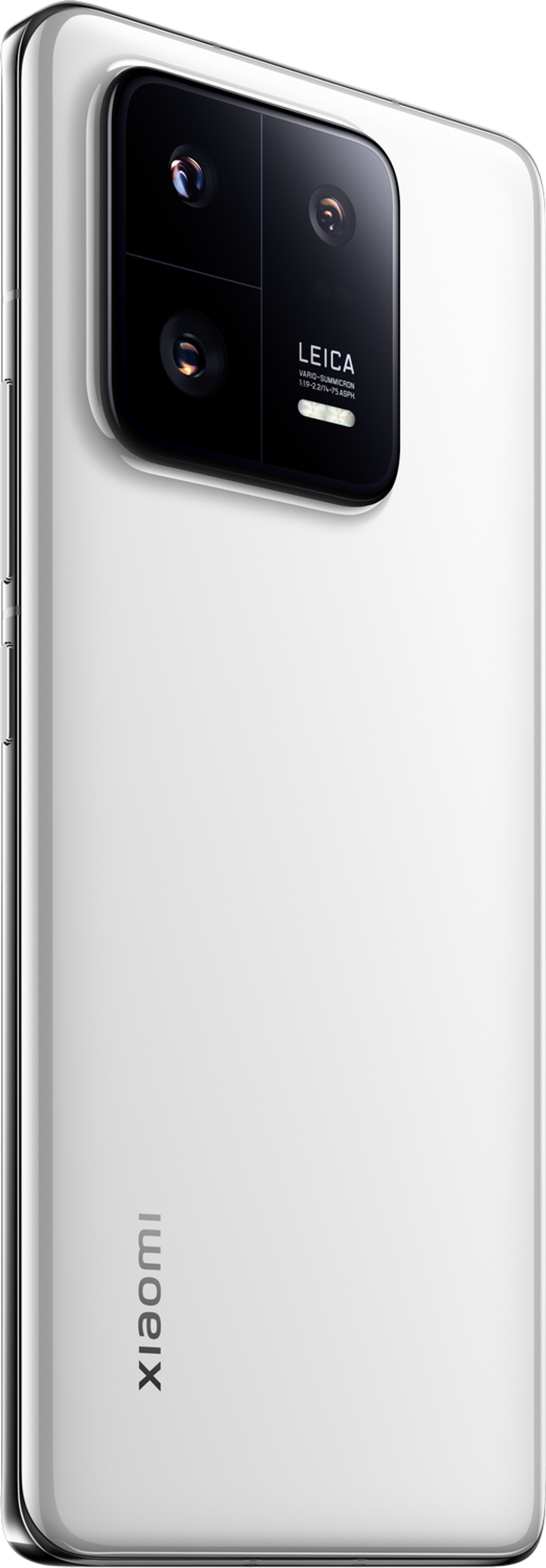 Rückseite eines weißen Smartphones mit Dreifach-Kamera, Leica-Branding und Xiaomi-Logo unten.