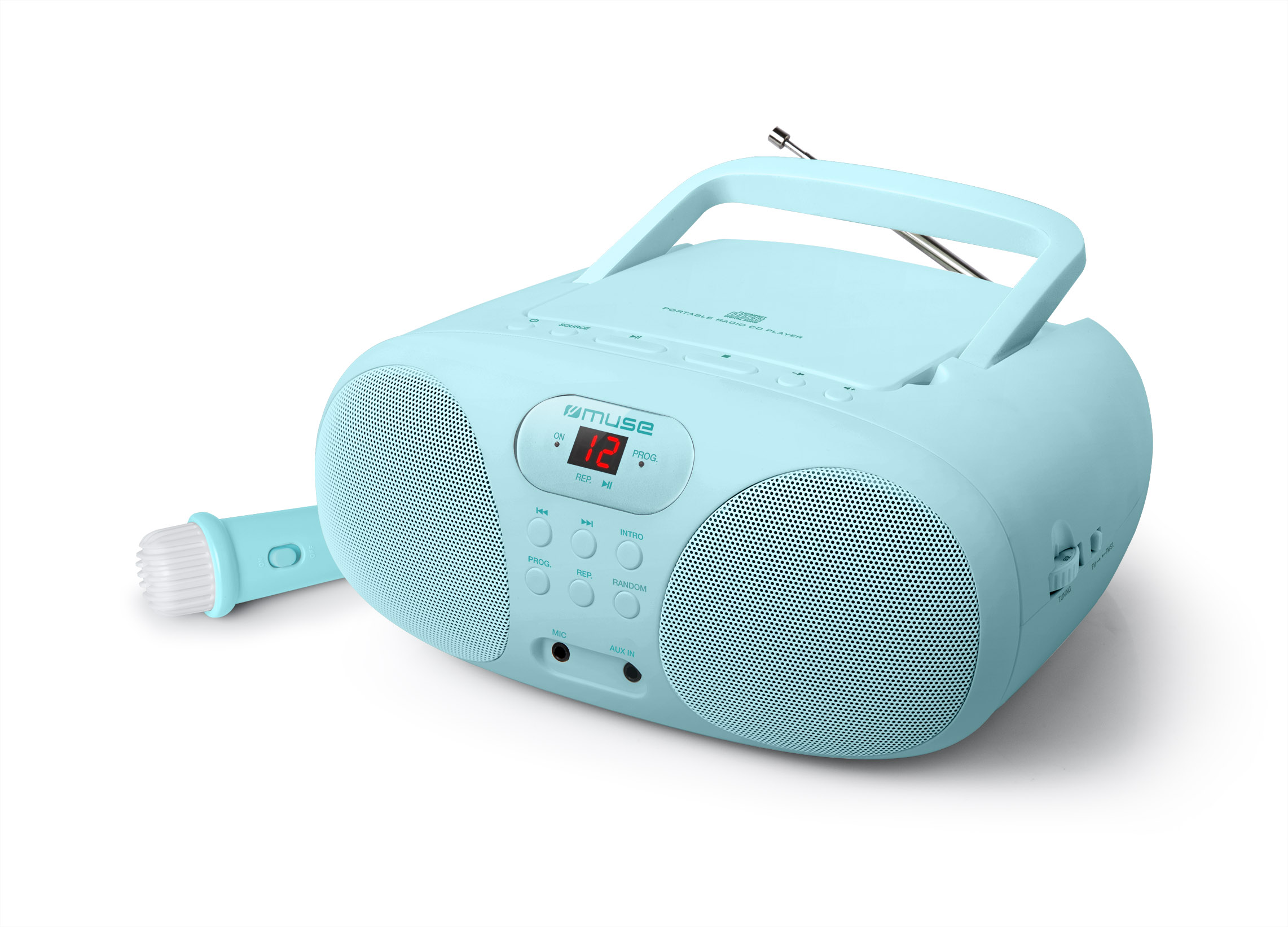Reproductor de música portátil turquesa con micrófono, botones y asa.