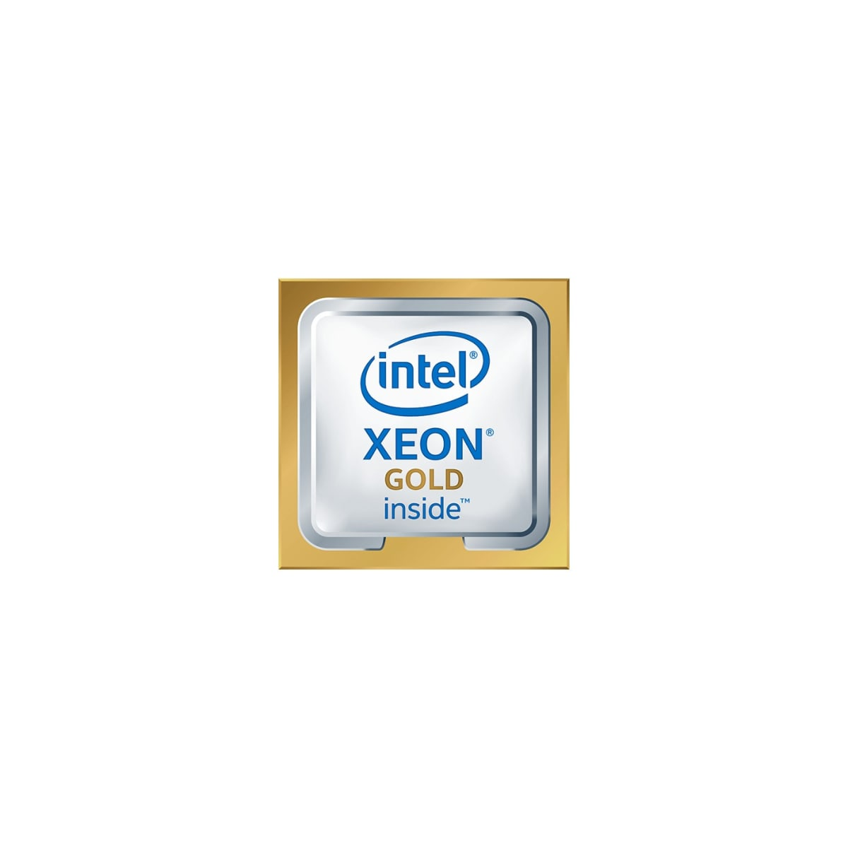Procesor Intel Xeon Gold. Logo w środku, słowa w złotym kwadracie.