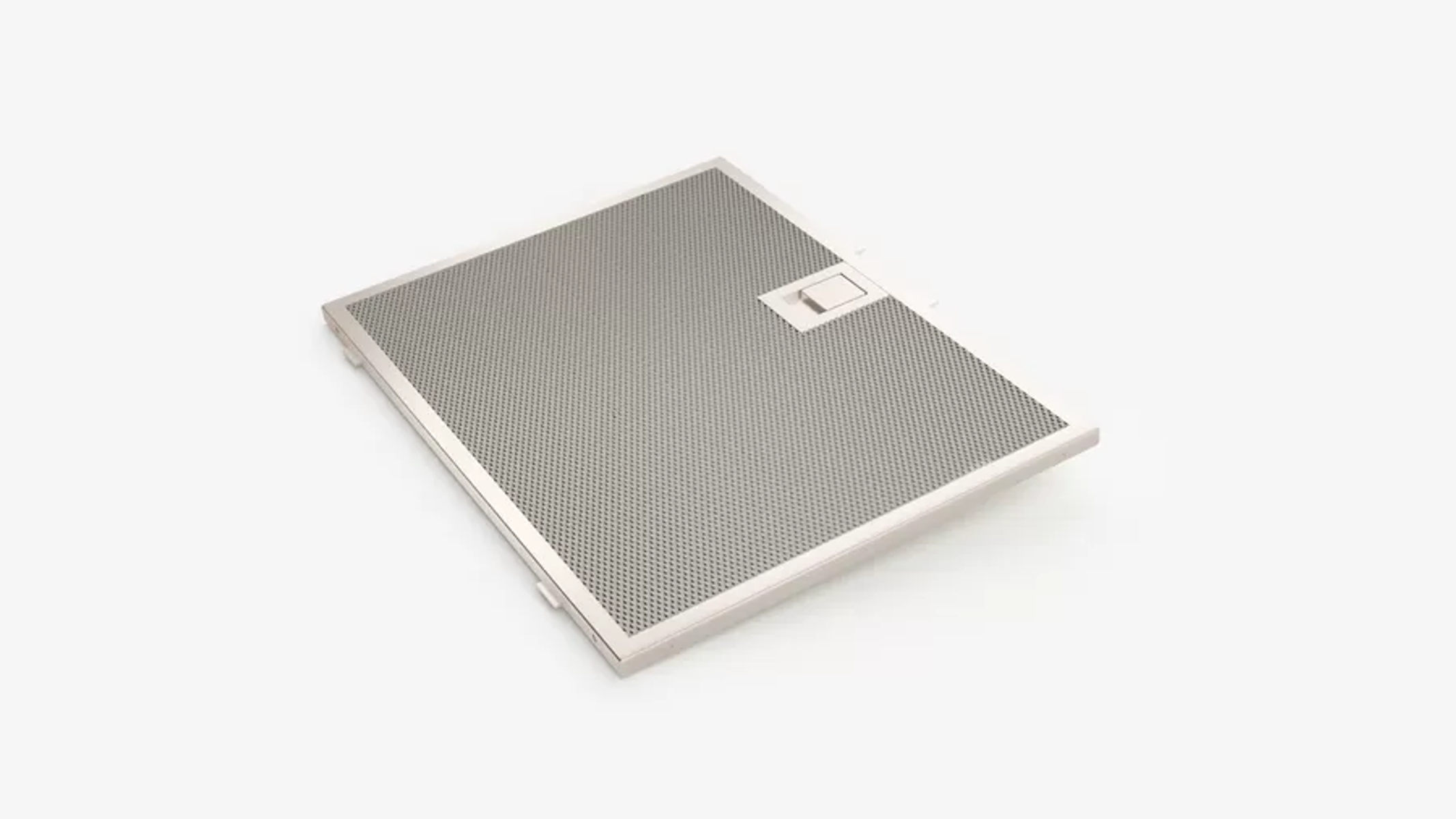 Srebrny filtr do okapu kuchennego na białym tle, z małymi otwartymi drzwiami.