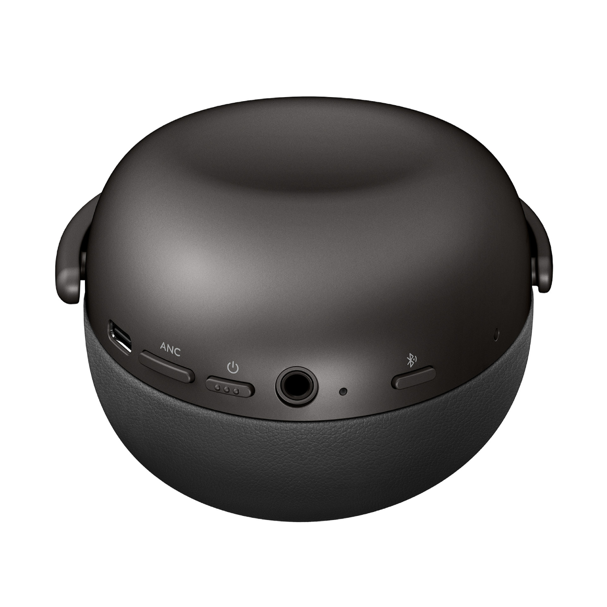 Auricolari wireless neri con forma arrotondata. I buds hanno pulsanti e porte di ricarica visibili.