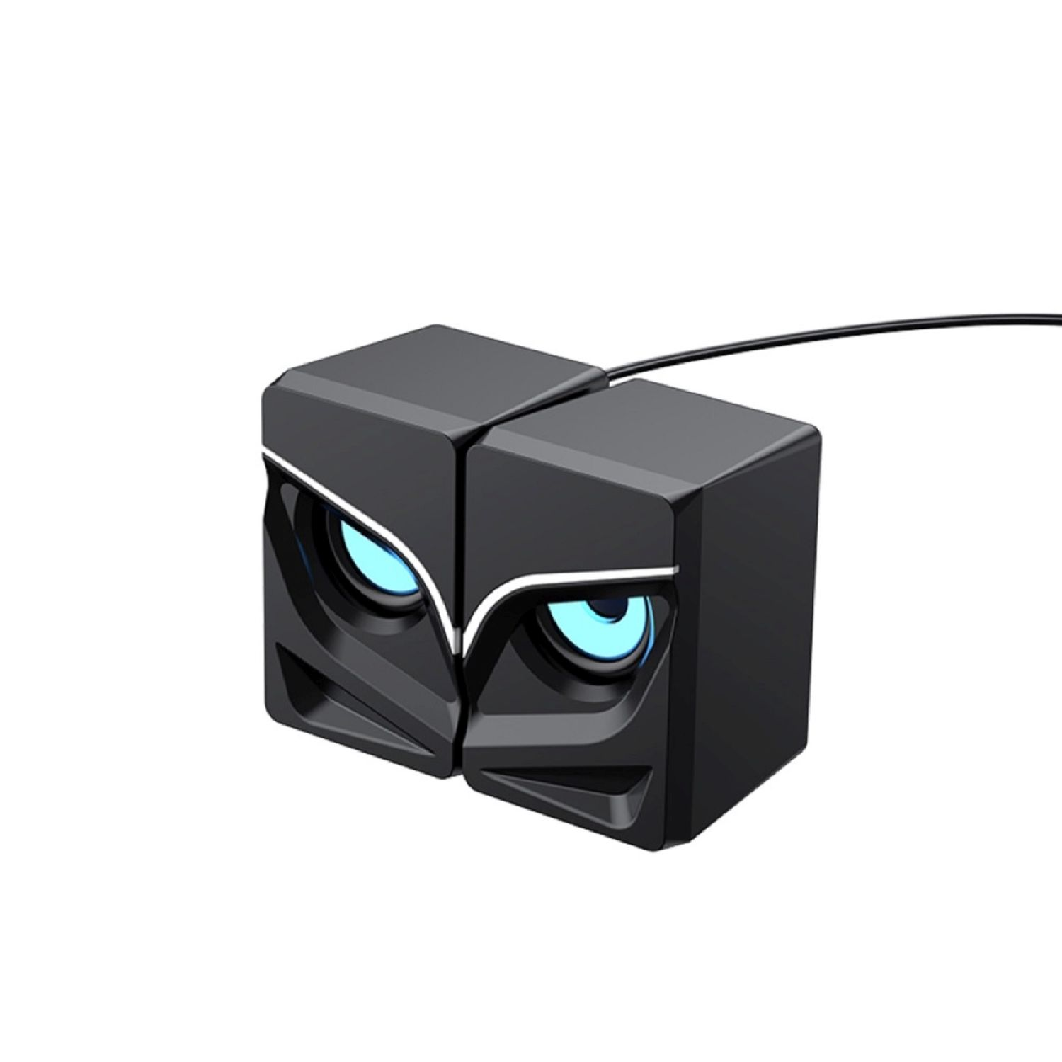 Altavoces negros con diseño de ojos azules. Tienen un diseño angular único y un cable de conexión.