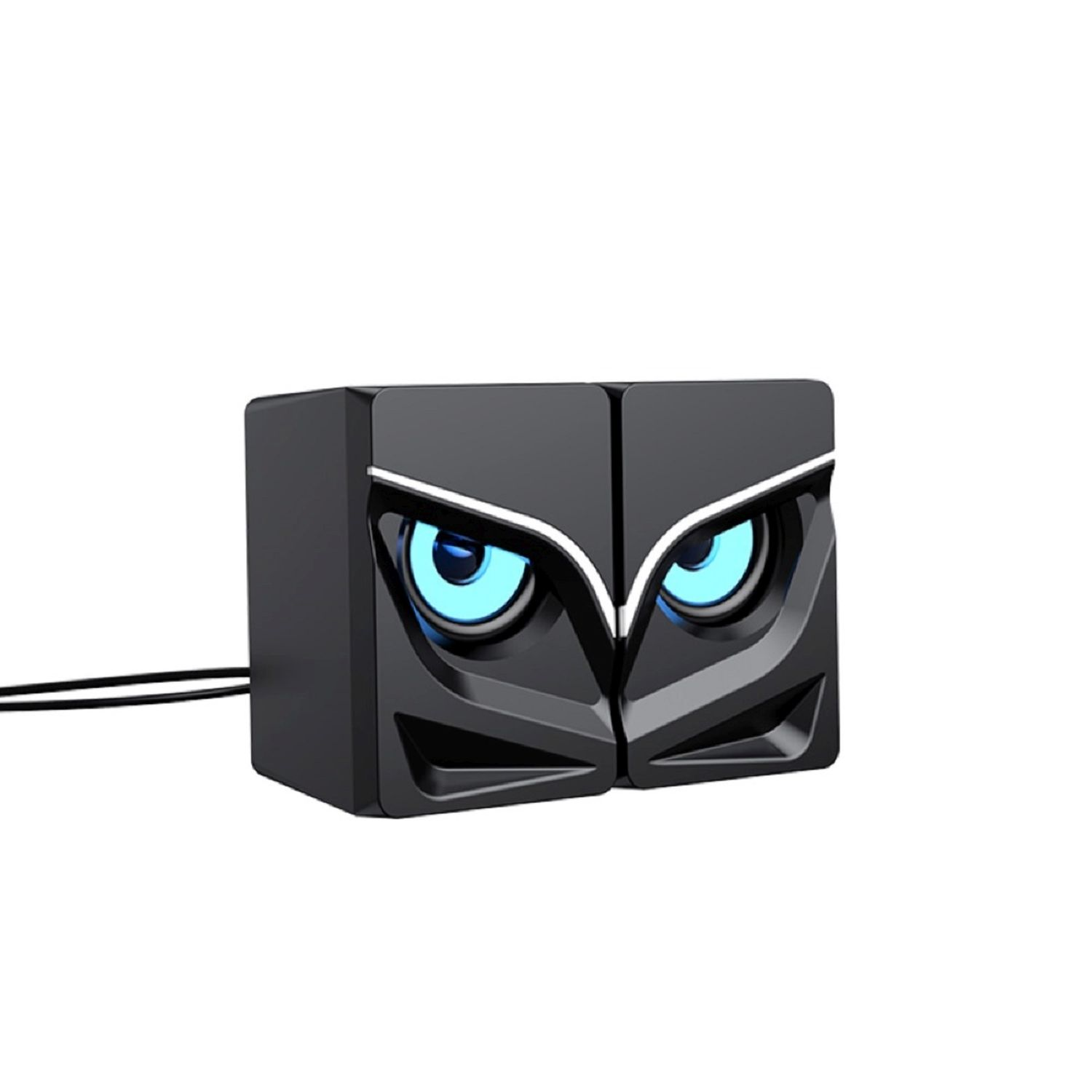 Par de altavoces negros, con ojos iluminados en azul. Los altavoces están sobre un fondo blanco.