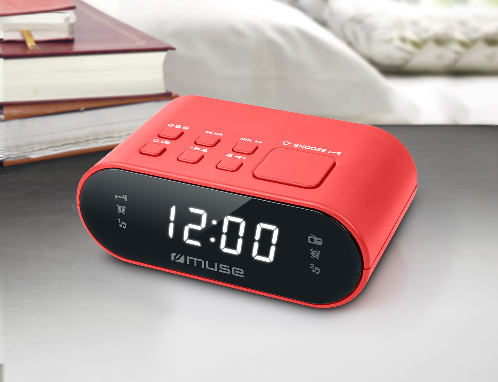 Un despertador rojo con una pantalla digital que muestra las 12:00, con botones.