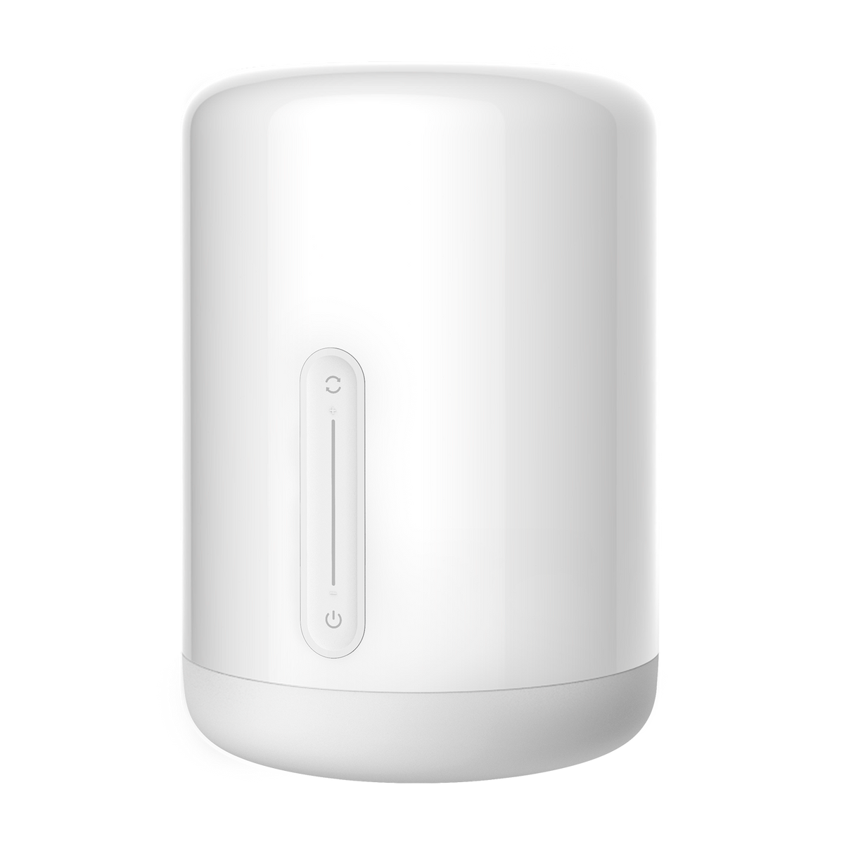 Biała, cylindryczna lampka nocna z dotykowymi elementami sterującymi i przyciskiem zasilania.